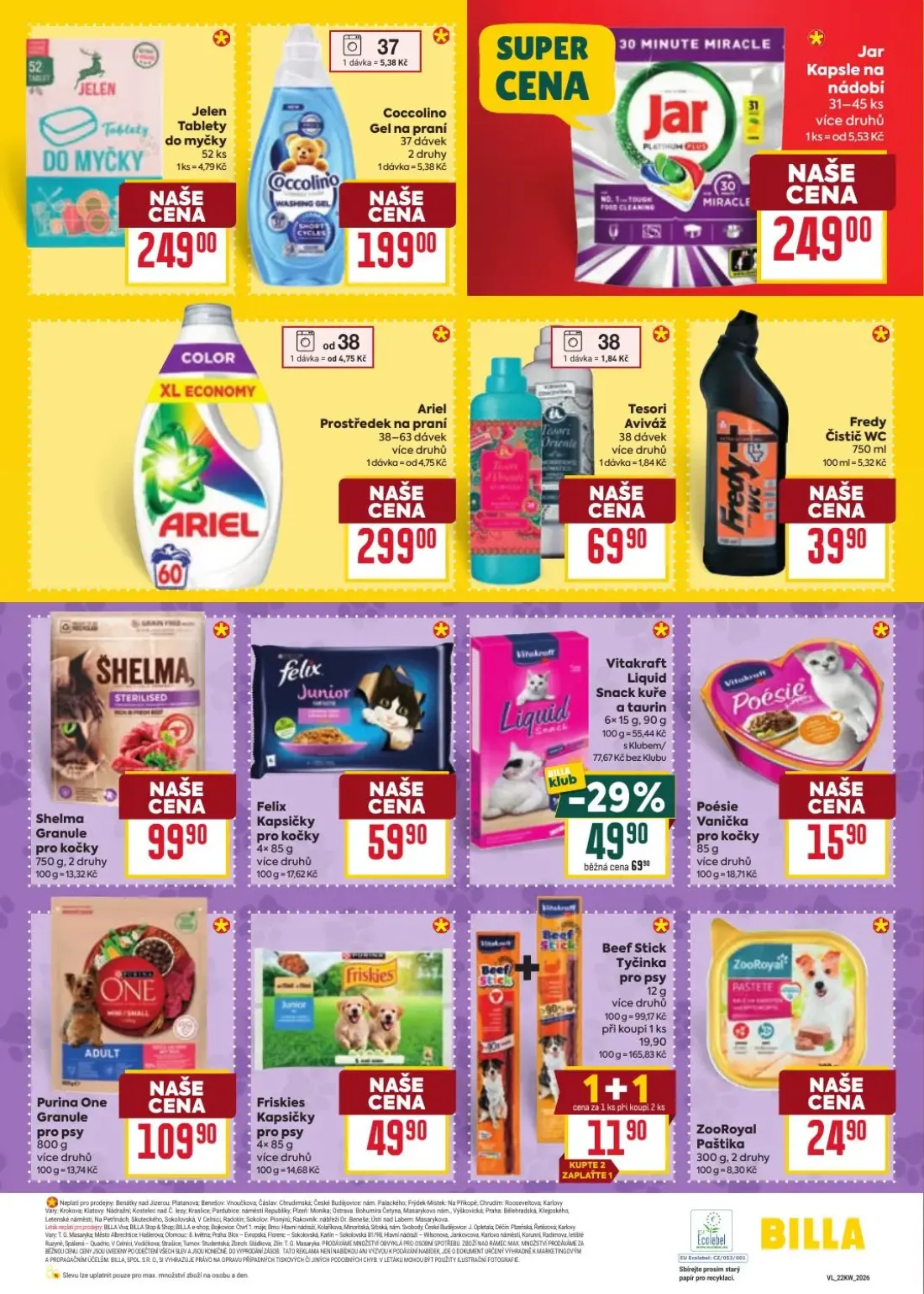 Billa leták, strana 25 z 34 — Vitakraft Liquid Snack kuře a taurin, Beef Stick Tyčinka pro psy, Shelma Granule pro kočky