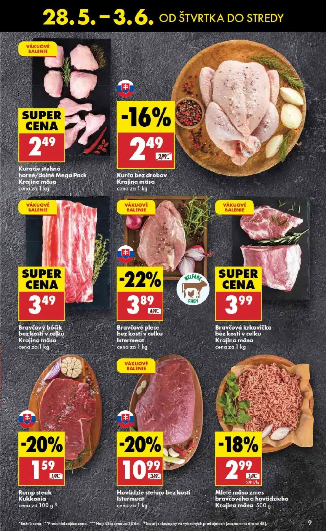 Biedronka leták, strana 9 z 48 — Hovädzie stehno bez kosti Istermeat, Bravčové plece bez kosti v celku Istermeat, Mleté mäso…