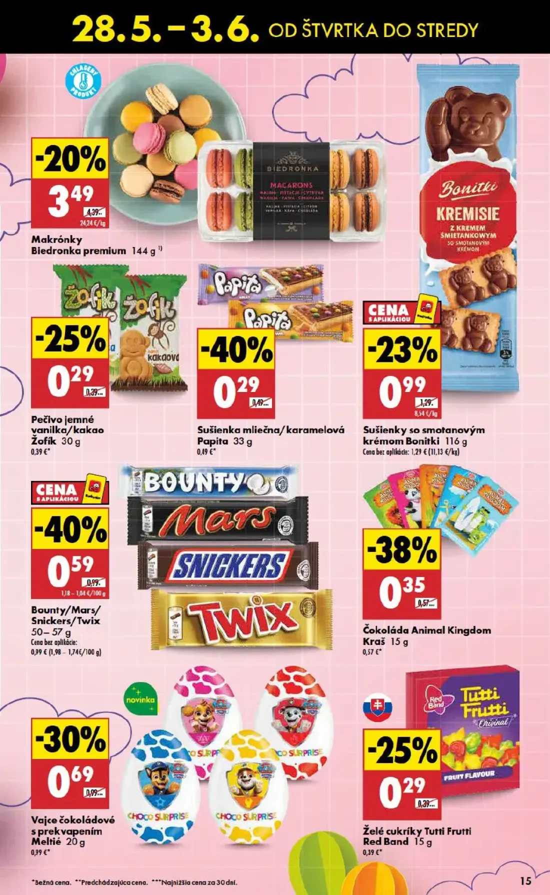 Biedronka leták, strana 15 z 48 — Makrónky Biedronka premium, Bounty/Mars/Snickers/Twix, Sušienky so smotanovým krémom Bonit…