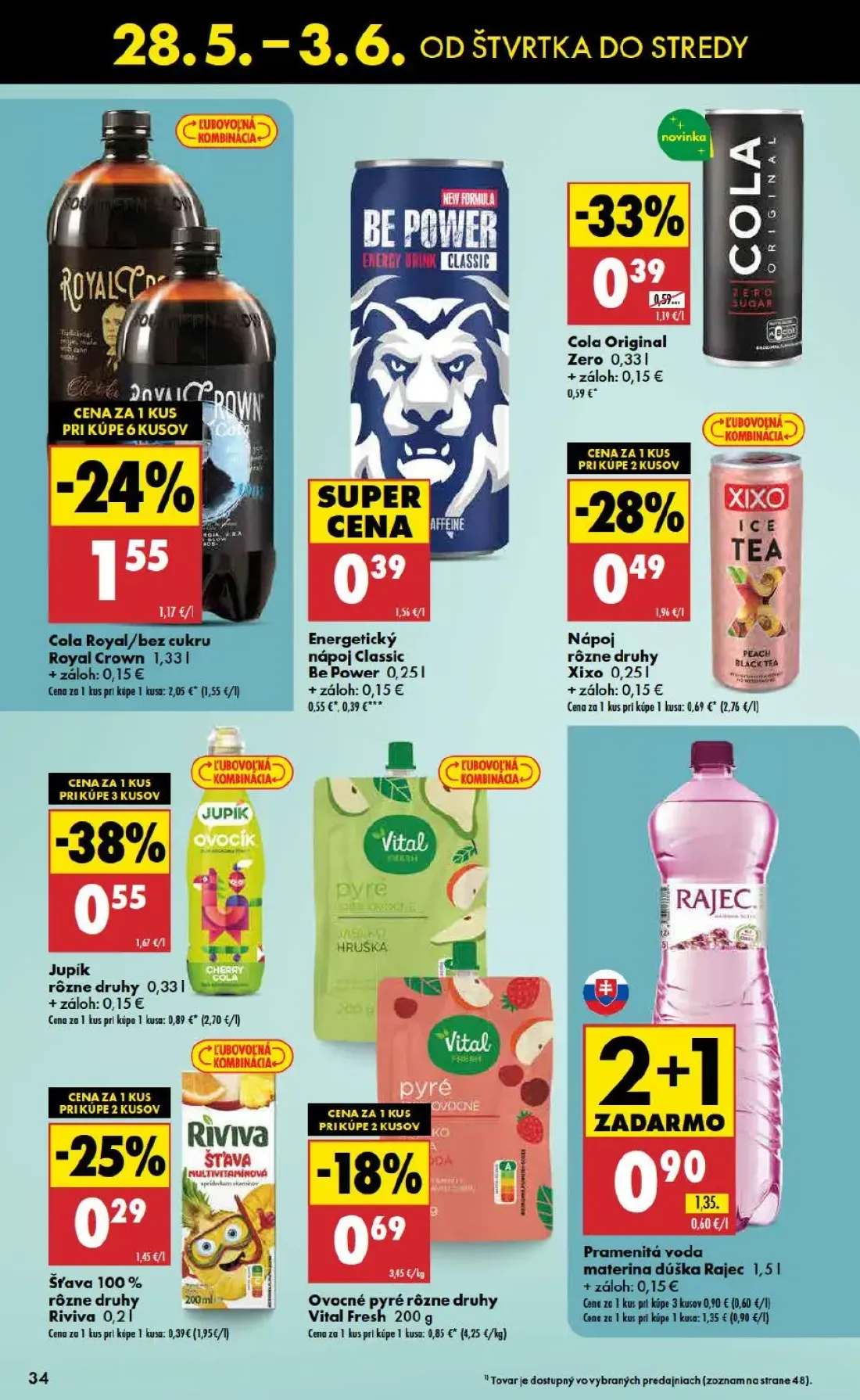 Biedronka leták, strana 34 z 48 — Cola Royal/bez cukru Royal Crown, Pramenitá voda materina dúška Rajec, Jupik rôzne druhy