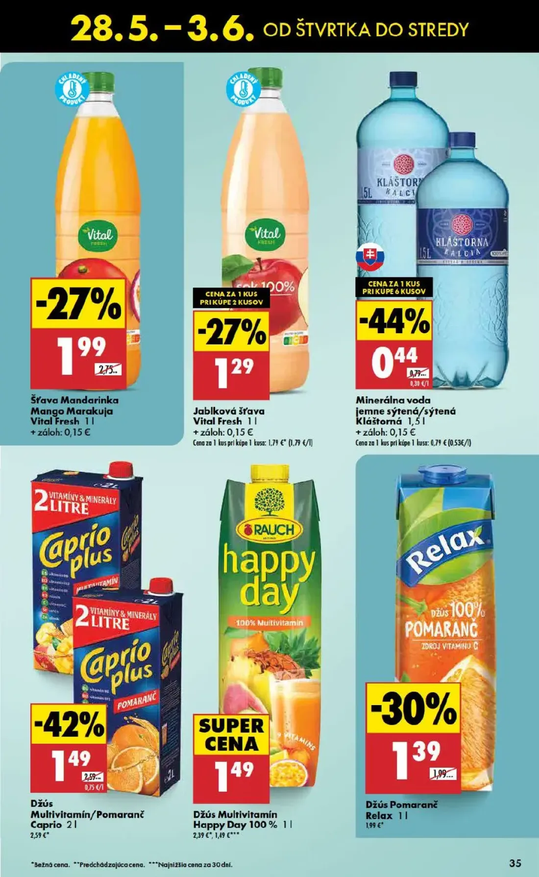 Biedronka leták, strana 35 z 48 — Džús Multivitamín/Pomaranč Caprio, Džús Multivitamín Happy Day 100%, Šťava Mandarinka Mang…