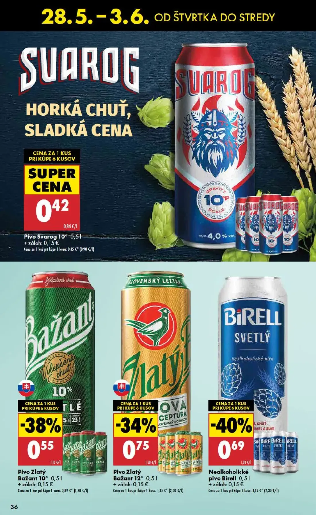 Biedronka leták, strana 36 z 48 — Nealkoholické pivo Birell, Pivo Zlatý Bažant 12°, Pivo Zlatý Bažant 10°
