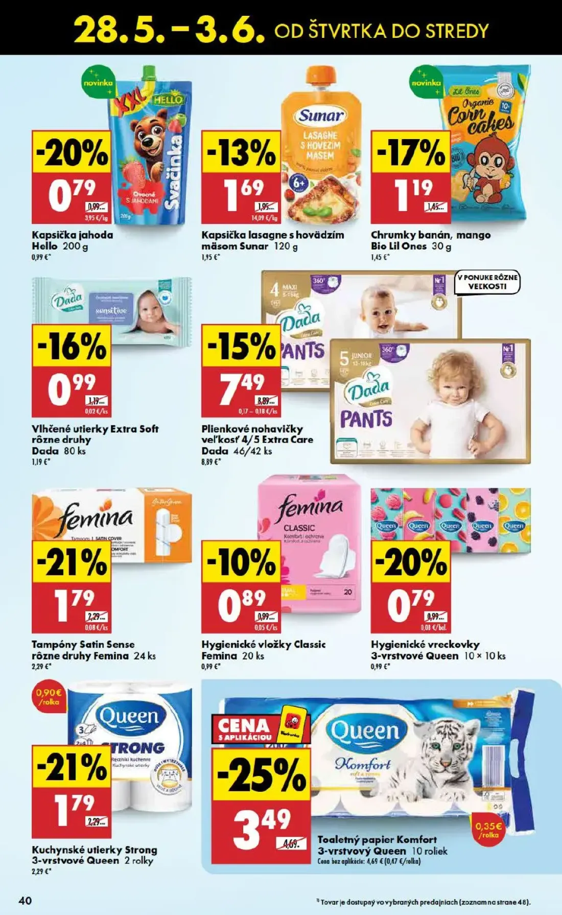 Biedronka leták, strana 40 z 48 — Plienkové nohavičky veľkosť 4/5 Extra Care Dada, Toaletný papier Komfort 3-vrstvový Queen,…