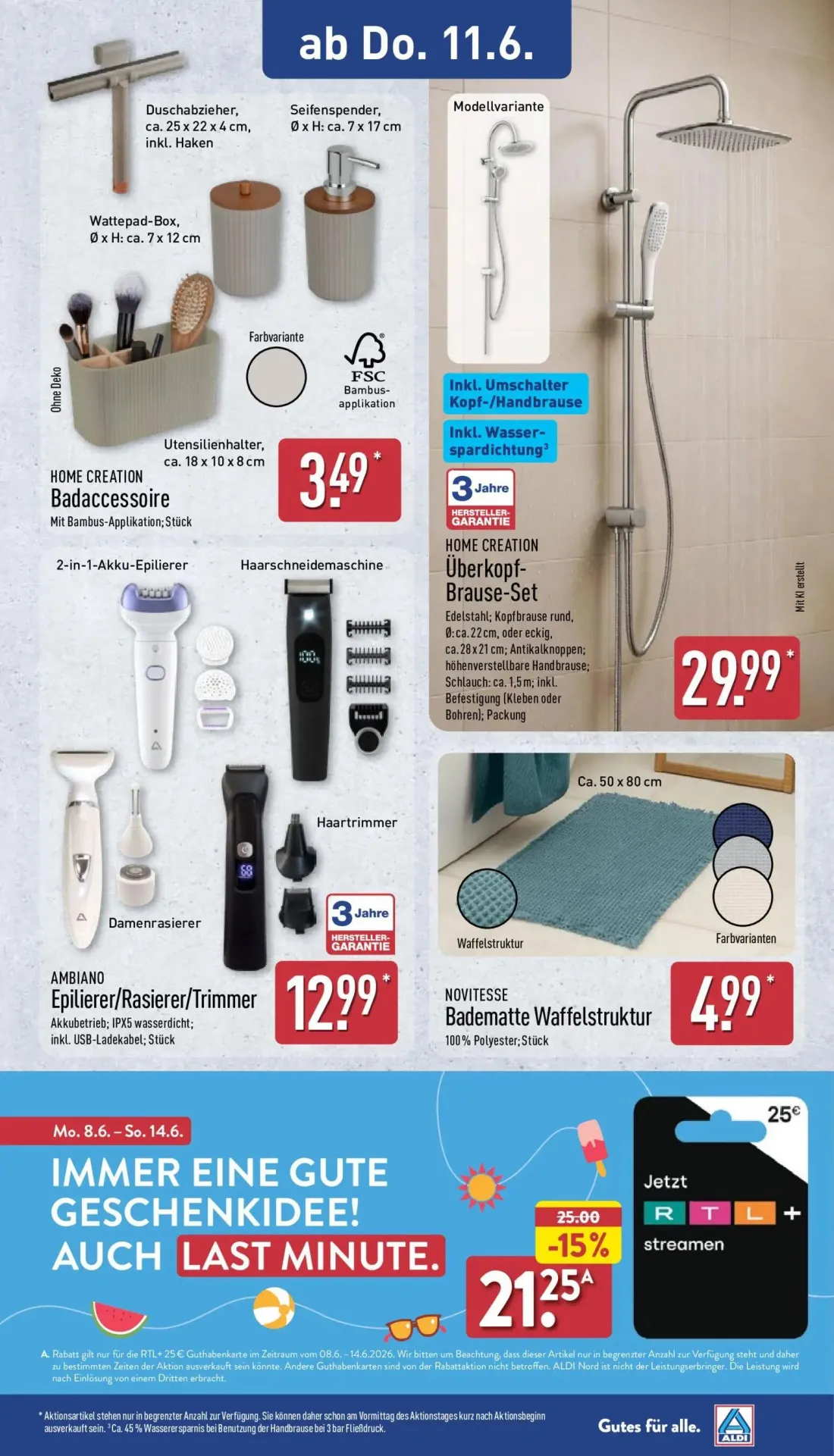 Aldi Nord Prospekt, Seite 9 von 15 — Badaccessoire, Überkopf-Brause-Set, Epilierer/Rasierer/Trimmer