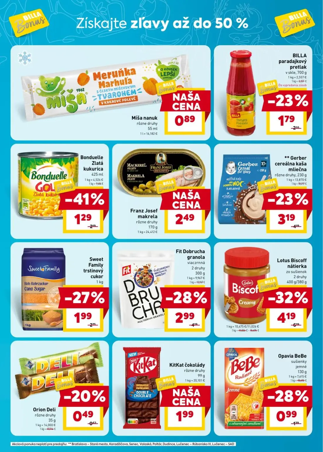 Billa leták, strana 3 z 5 — Lotus Biscoff nátierka zo sušienok, Fit Dobrucha granola viaczrnná, Opavia BeBe sušienky jemné