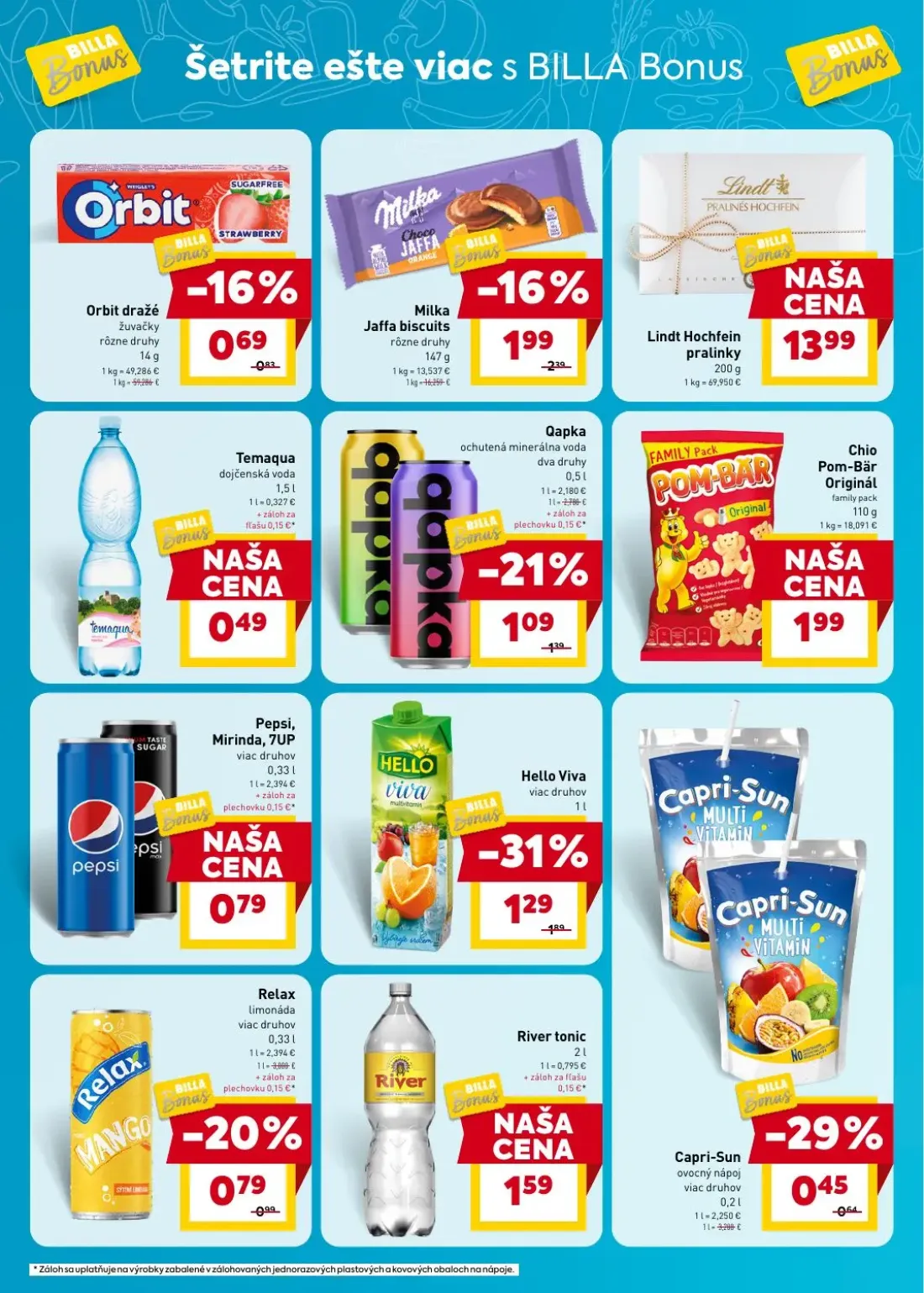 Billa leták, strana 4 z 5 — Milka Jaffa biscuits, Lindt Hochfein pralinky, Pepsi, Mirinda, 7UP