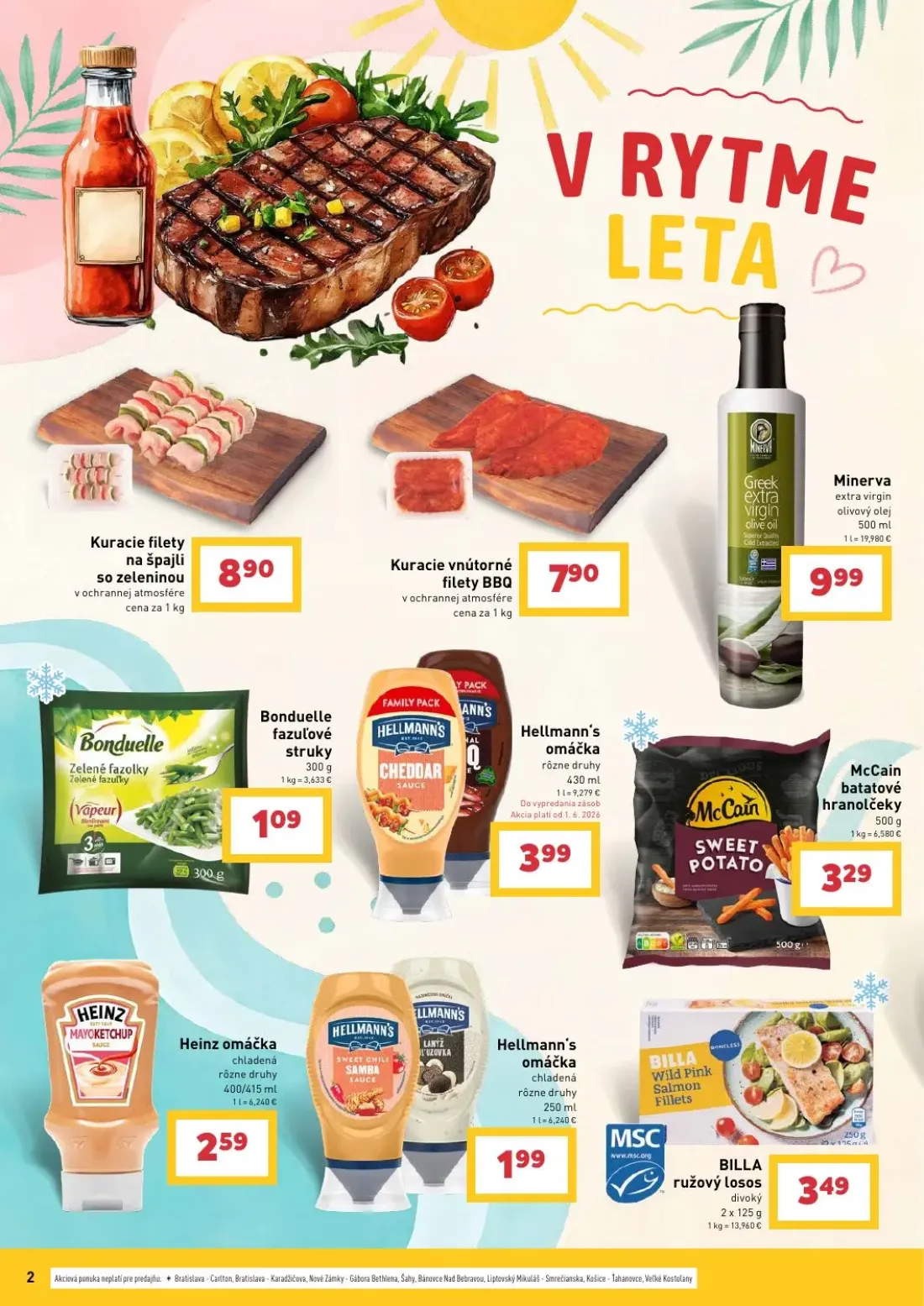 Billa leták, strana 2 z 16 — Kuracie filety na špajli so zeleninou, Kuracie vnútorné filety BBQ, Minerva extra virgin olivov…