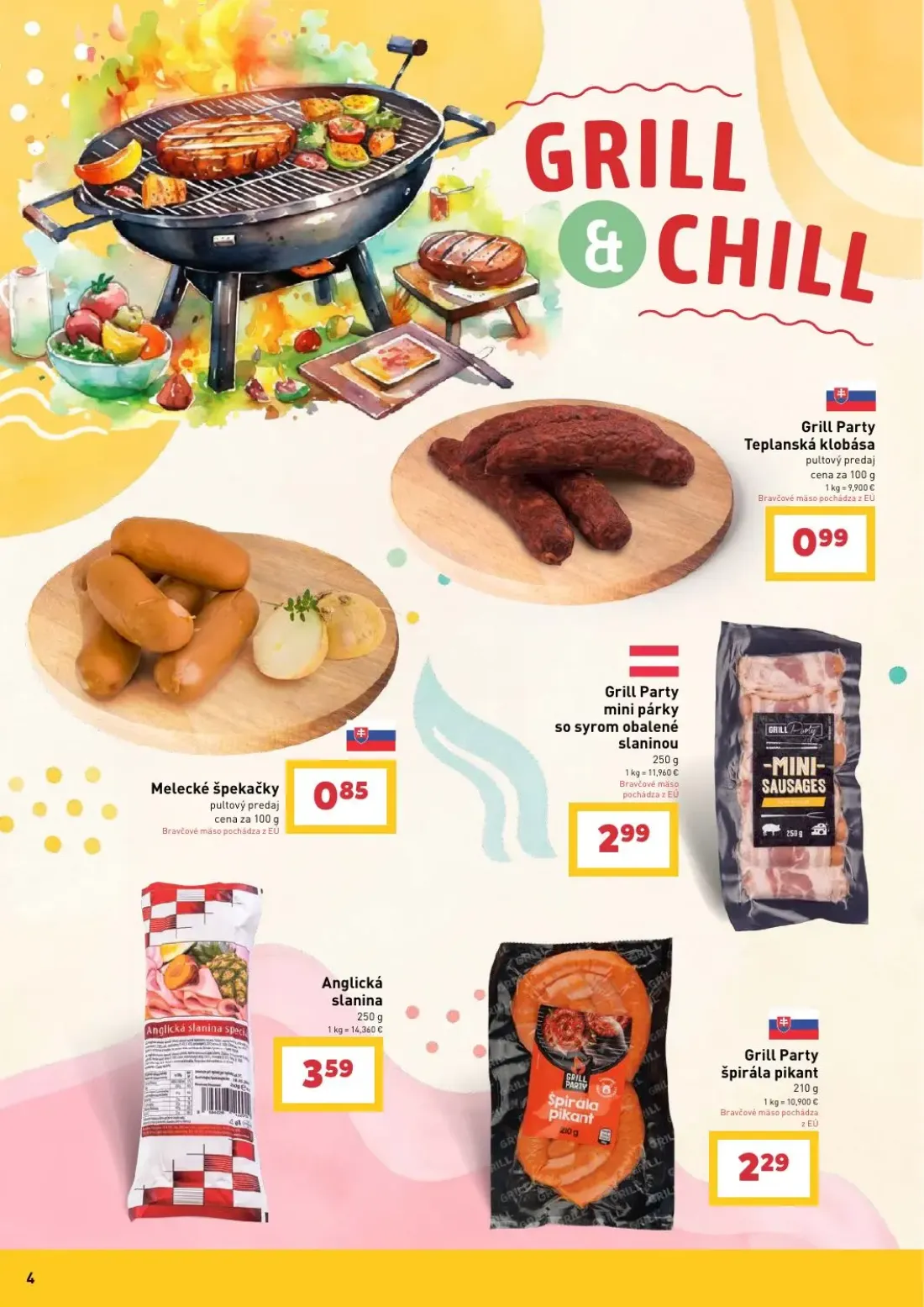 Billa leták, strana 4 z 16 — Teplanská klobása, Melecké špekačky, mini párky so syrom obalené slaninou