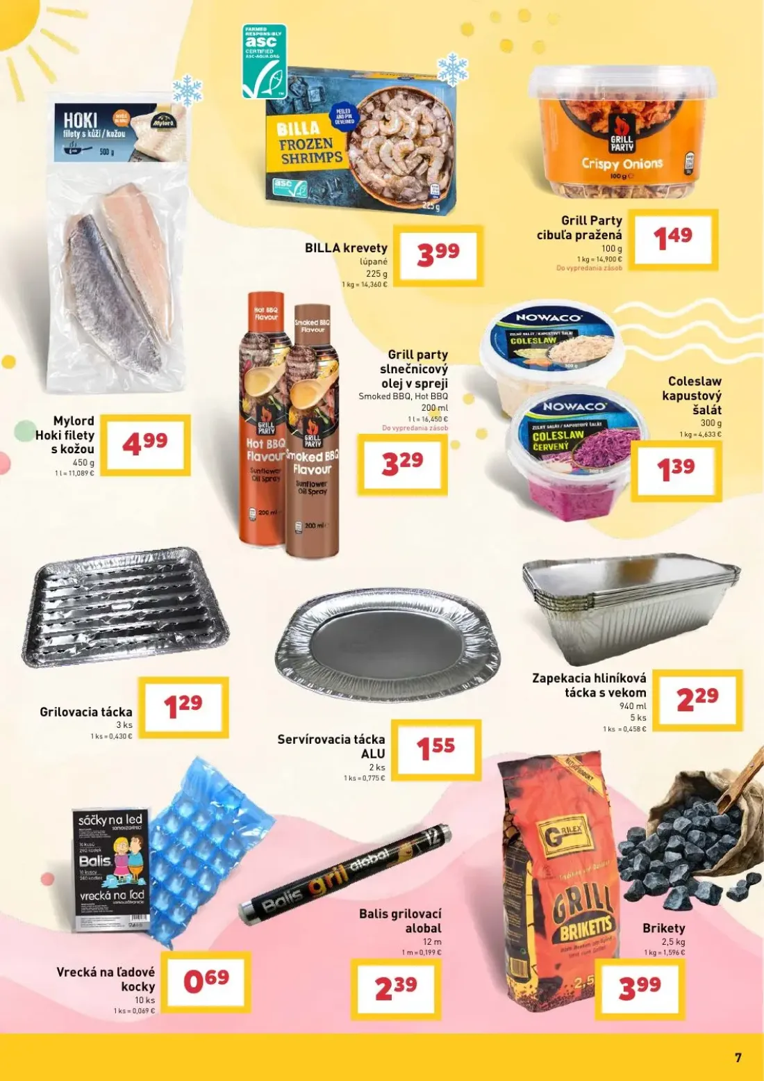 Billa leták, strana 7 z 16 — Mylord Hoki filety s kožou, BILLA krevety lúpané, Grill Party cibuľa pražená
