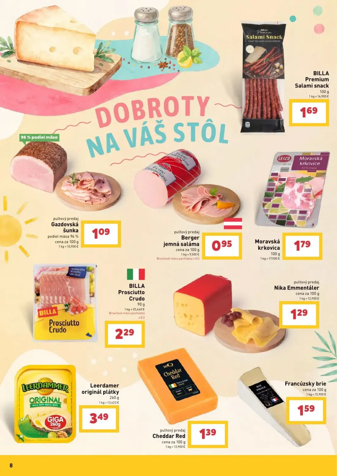 Billa leták, strana 8 z 16 — Nika Emmentaler, Leerdamer originál plátky, Cheddar Red