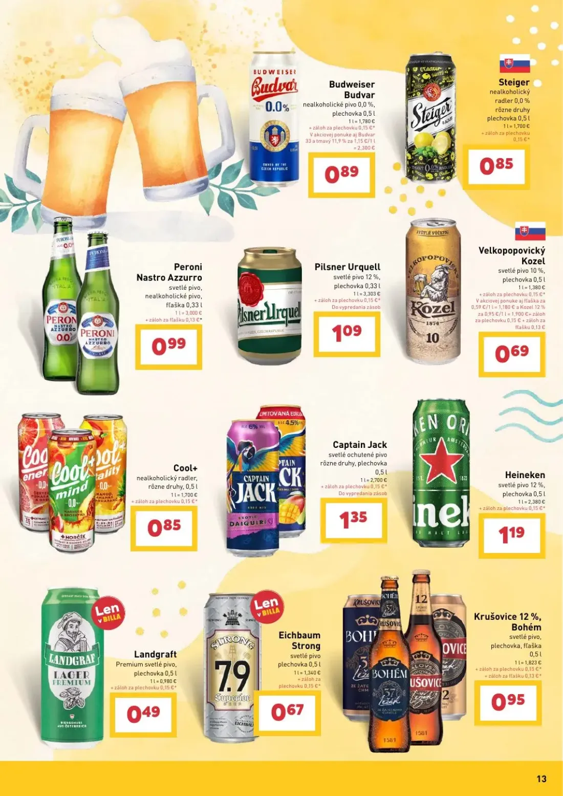 Billa leták, strana 13 z 16 — Budweiser Budvar, Steiger, Peroni Nastro Azzurro