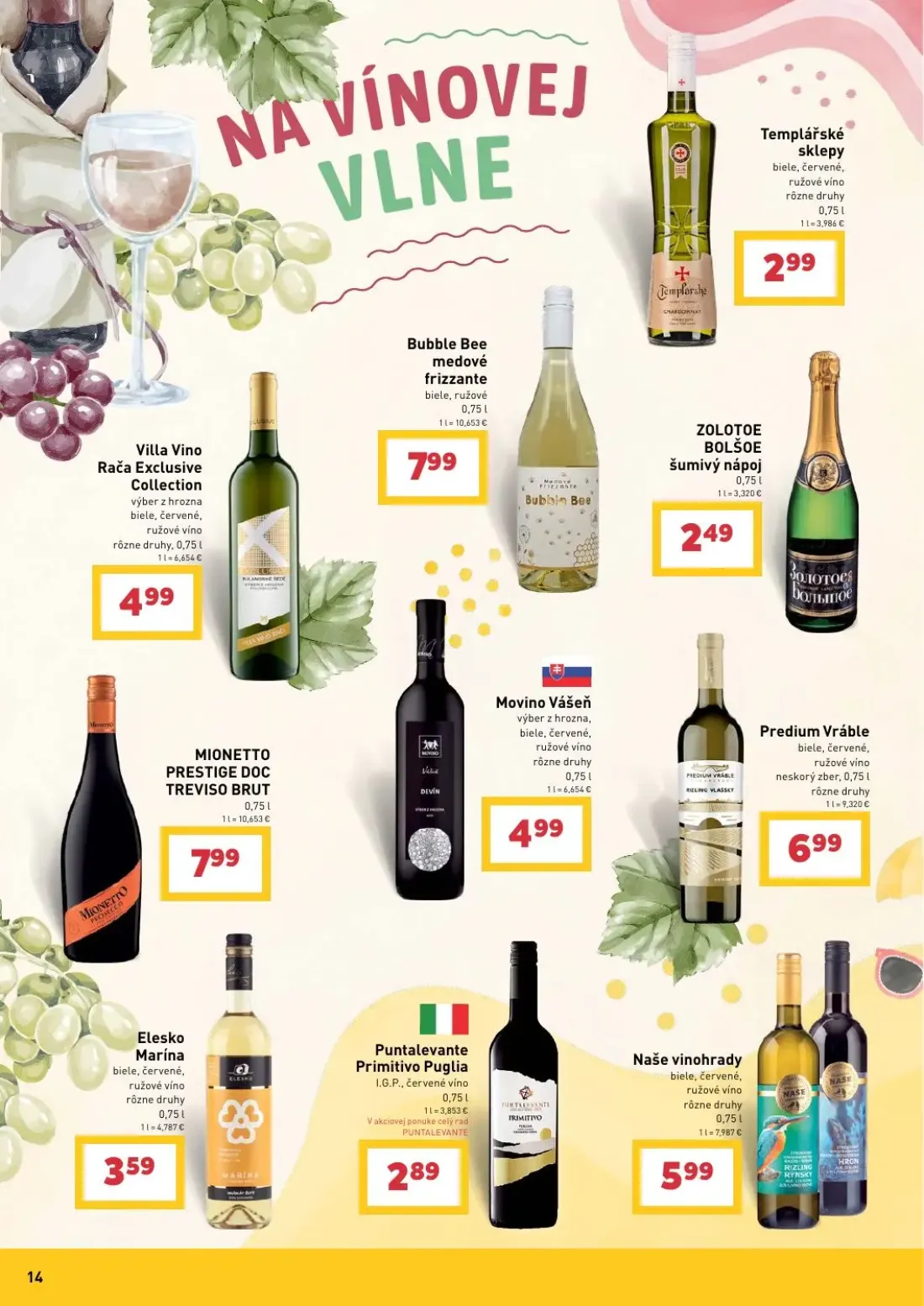 Billa leták, strana 14 z 16 — Templářske sklepy, Bubble Bee medové frizzante, ZOLOTOE BOLŠOE šumivý nápoj