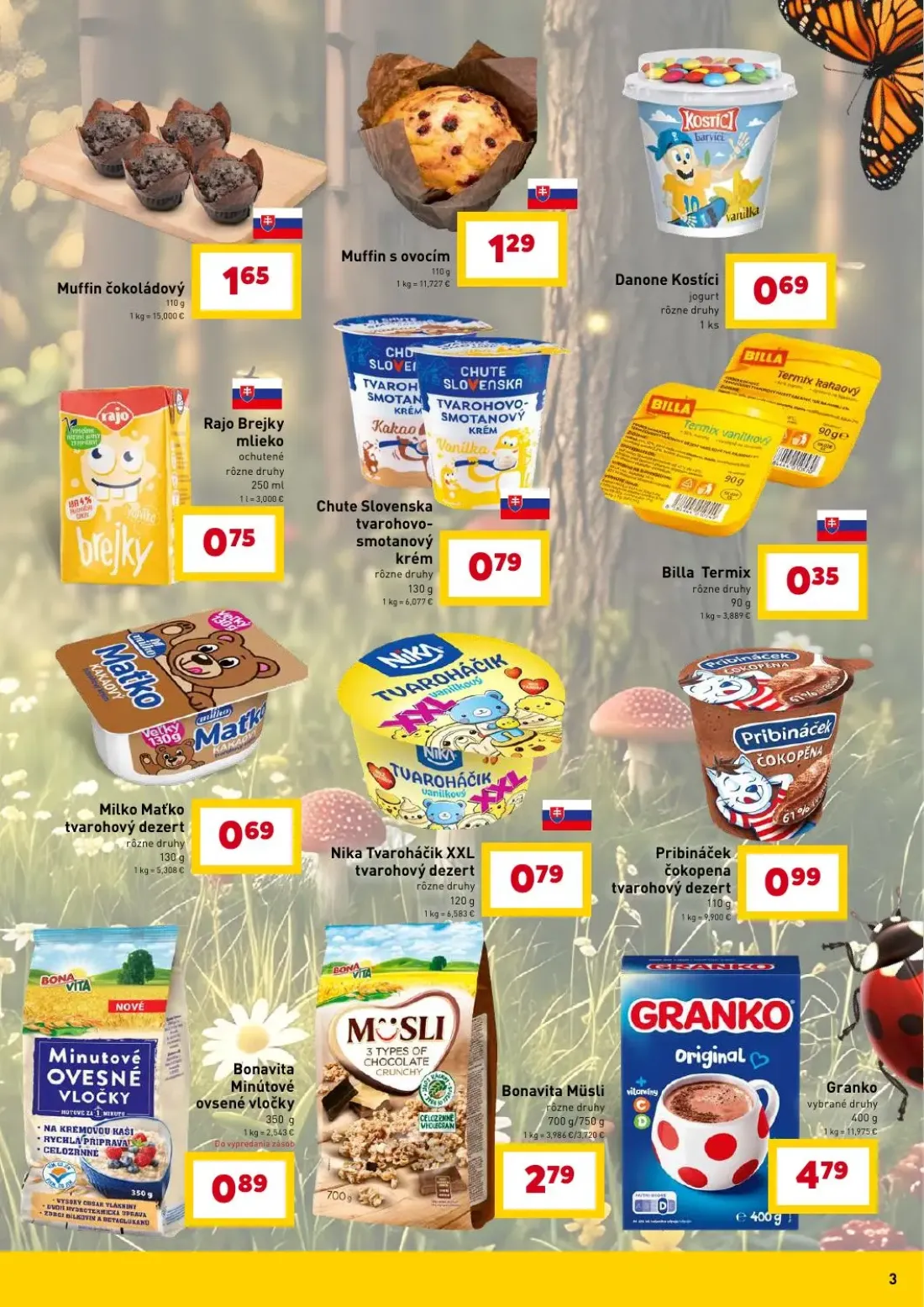Billa leták, strana 3 z 18 — Muffin čokoládový, Muffin s ovocím, Danone Kostíci jogurt