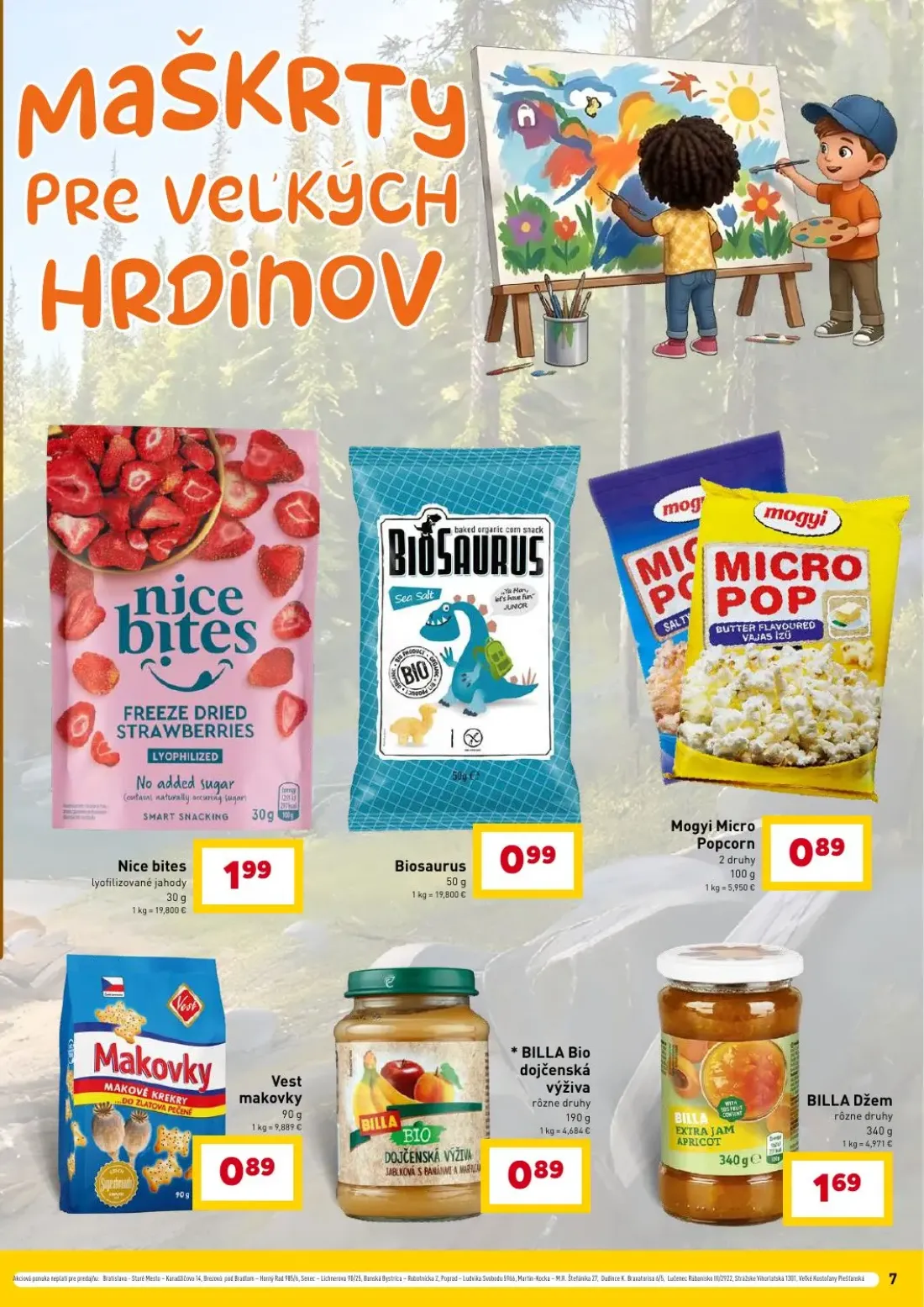 Billa leták, strana 7 z 18 — Nice bites lyofilizované jahody, Biosaurus, Mogyi Micro Popcorn