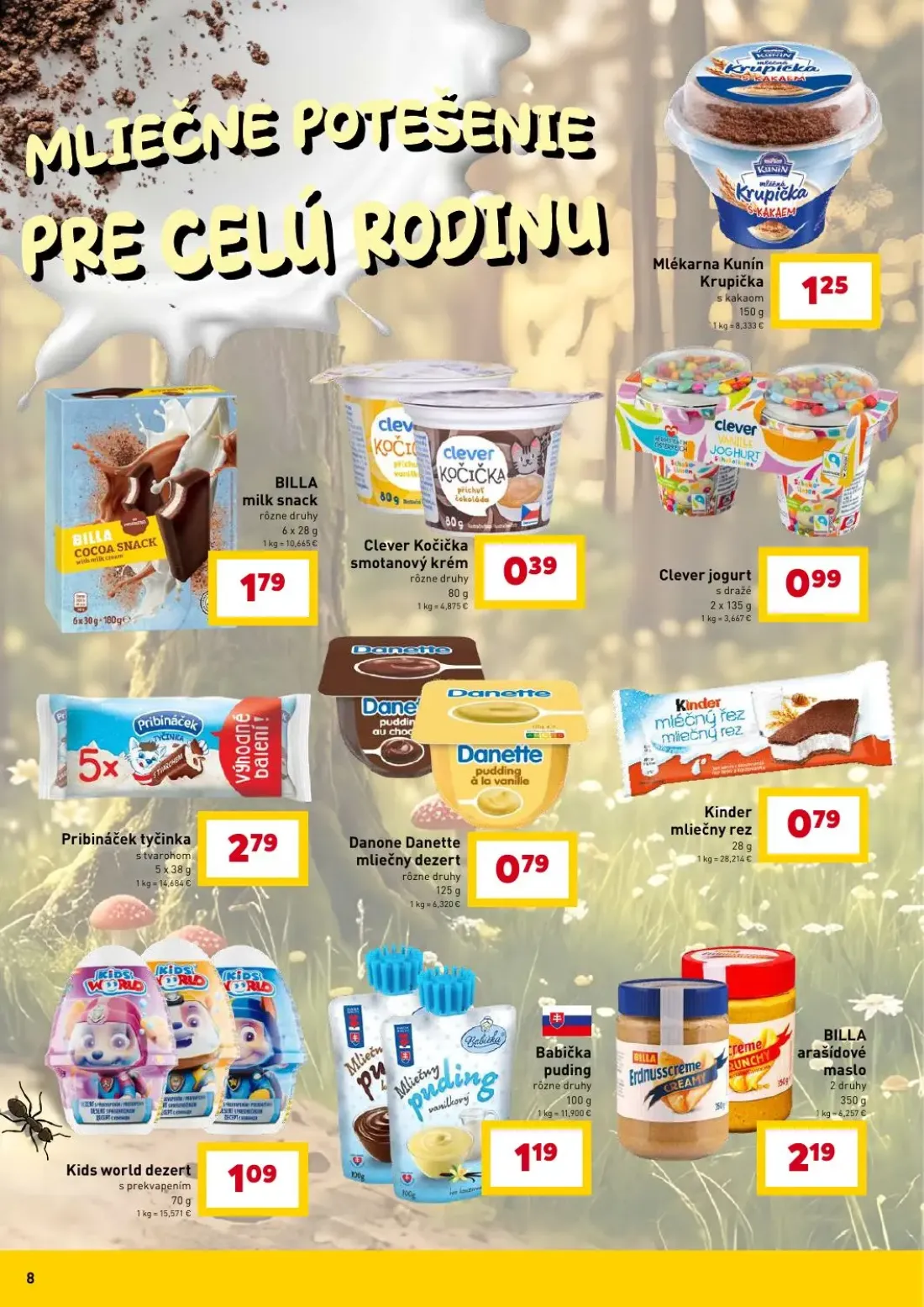 Billa leták, strana 8 z 18 — Mlékarna Kunín Krupička, BILLA milk snack, Clever Kočička smotanový krém