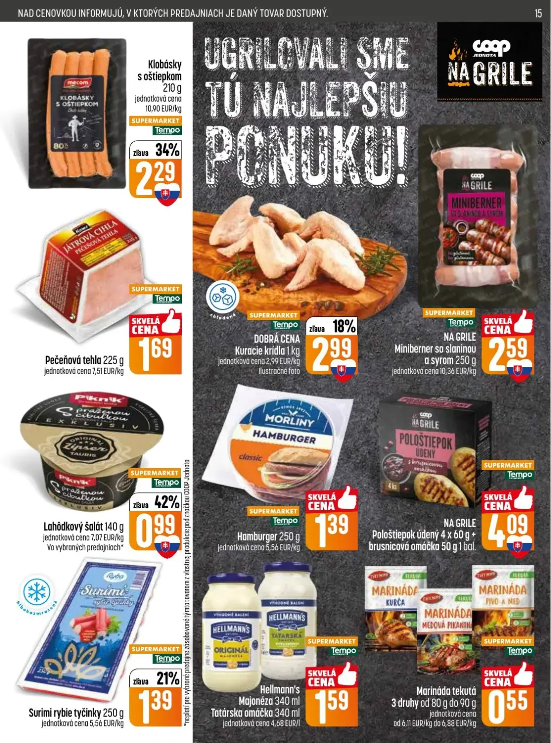 Coop Jednota leták, strana 15 z 28 — Klobásky s oštiepkom, Kuracie krídla, Miniberner so slaninou a syrom