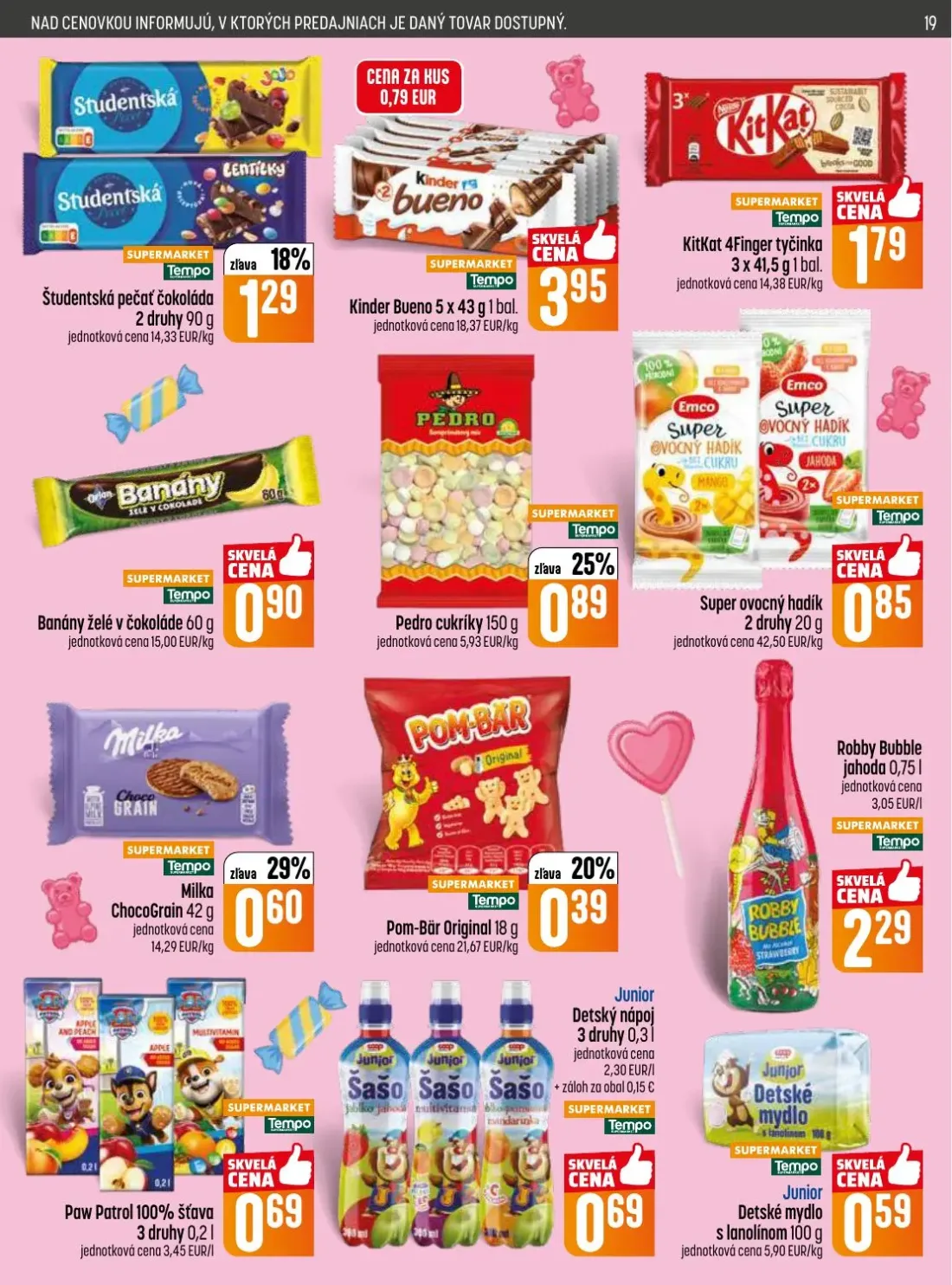 Coop Jednota leták, strana 19 z 28 — Studentská pečať čokoláda, Kinder Bueno, KitKat 4Finger tyčinka