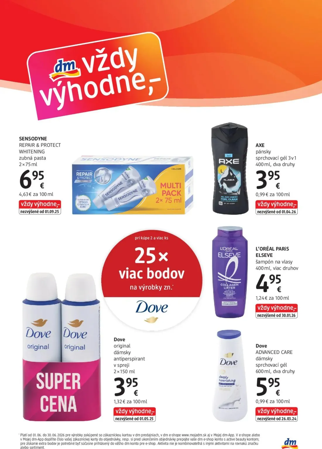 DM Drogerie leták, strana 3 z 32 — SENSODYNE REPAIR & PROTECT WHITENING zubná pasta, AXE pánsky sprchovací gél 3v1, Dove ori…
