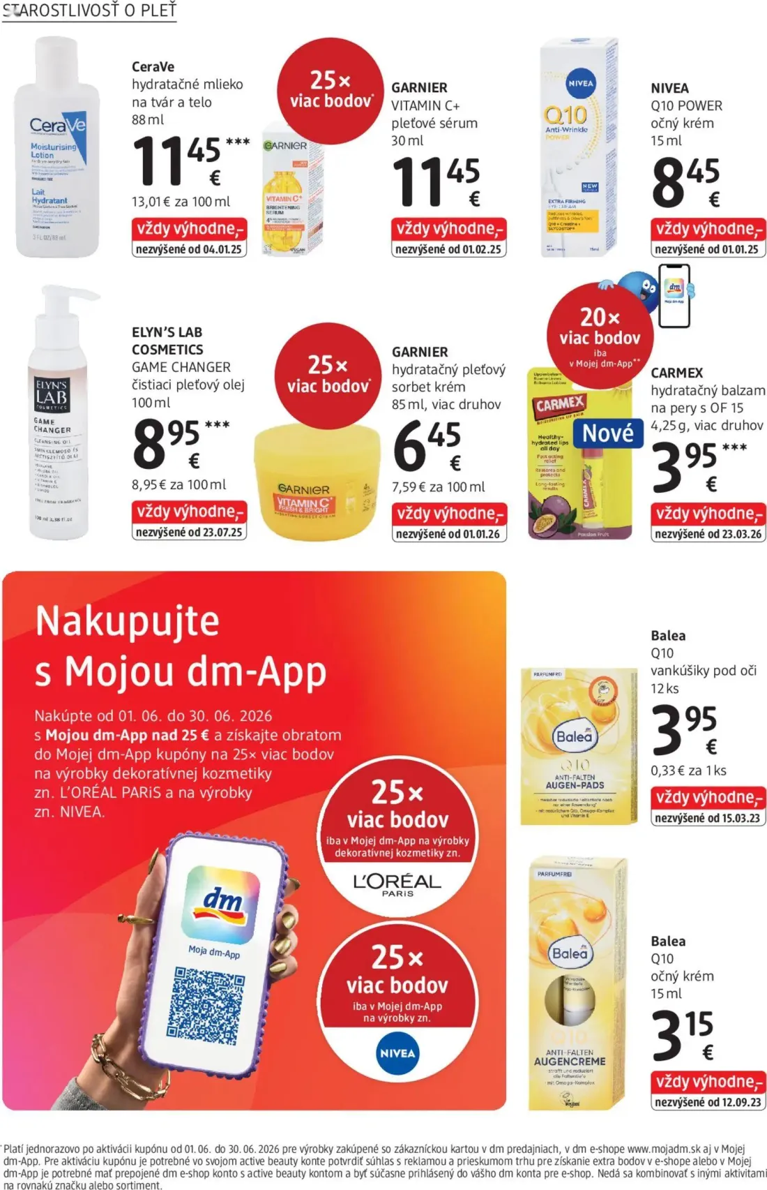 DM Drogerie leták, strana 6 z 32 — CeraVe hydratačné mlieko na tvár a telo, GARNIER VITAMIN C+ pleťové sérum, NIVEA Q10 POWE…