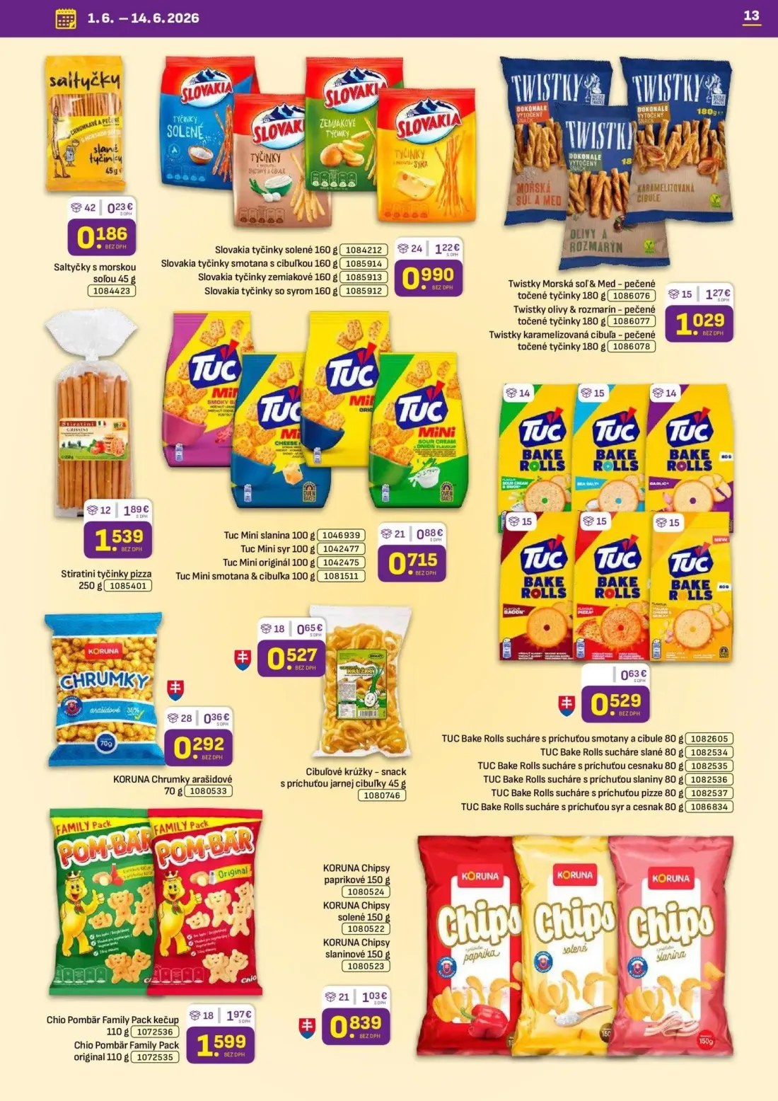 Libex leták, strana 13 z 36 — Chio Pombär Family Pack kečup, Cibuľové krúžky - snack s príchuťou jarnej cibuľky, TUC Bake Ro…