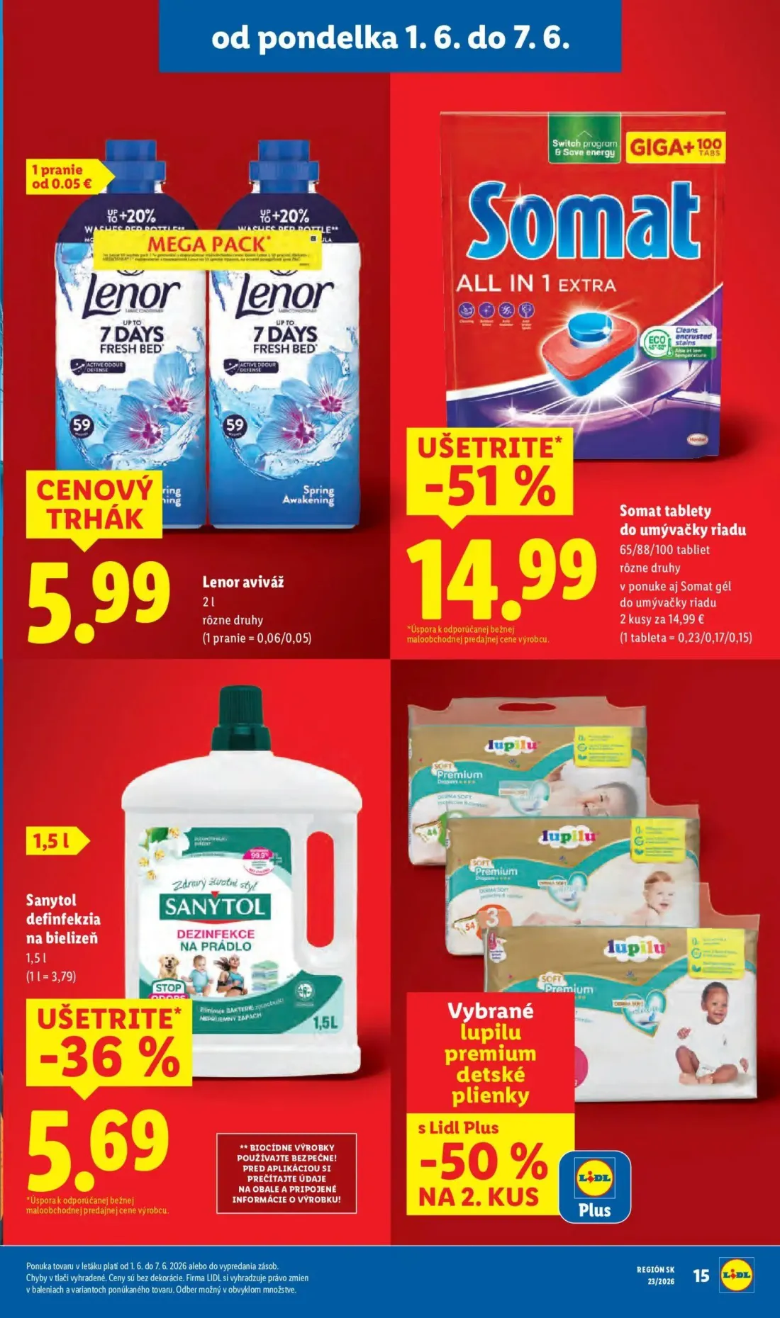 Lidl leták, strana 25 z 97 — Lenor aviváž, Somat tablety do umývačky riadu, Sanytol dezinfekcia na bielizeň