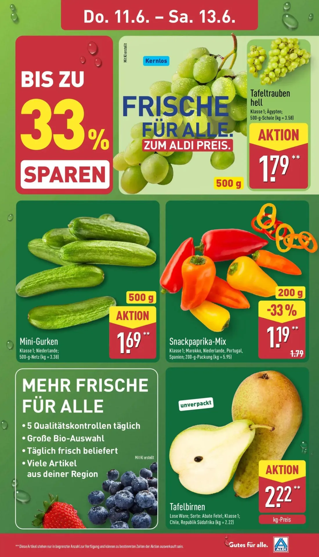 Aldi Nord Prospekt, Seite 3 von 39 — Snackpaprika-Mix, Tafeltrauben hell, Mini-Gurken
