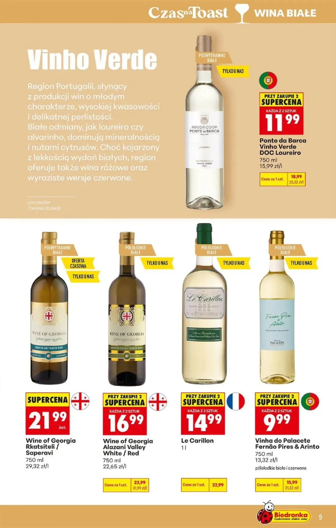 Biedronka gazetka, strona 9 z 36 — Le Carillon, Ponte da Barca Vinho Verde DOC Loureiro, Wine of Georgia Alazani Valley Whit…