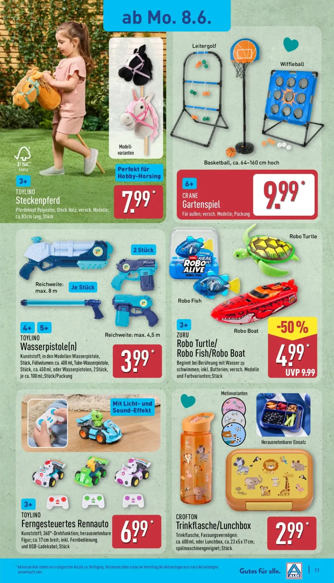 Aldi Nord Prospekt, Seite 15 von 39 — ZURU Robo Turtle/ Robo Fish/Robo Boat, TOYLINO Steckenpferd, CRANE Gartenspiel