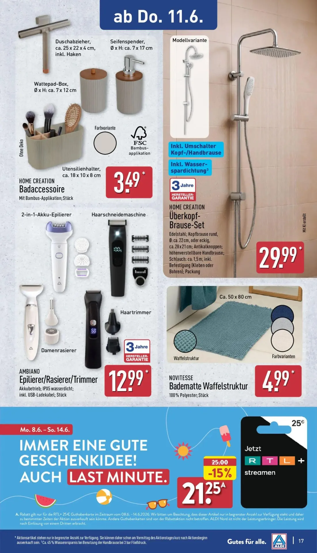 Aldi Nord Prospekt, Seite 21 von 39 — Duschabzieher, Seifenspender, Wattepad-Box, Utensilienhalter, Überkopf-Brause-Set, Epi…