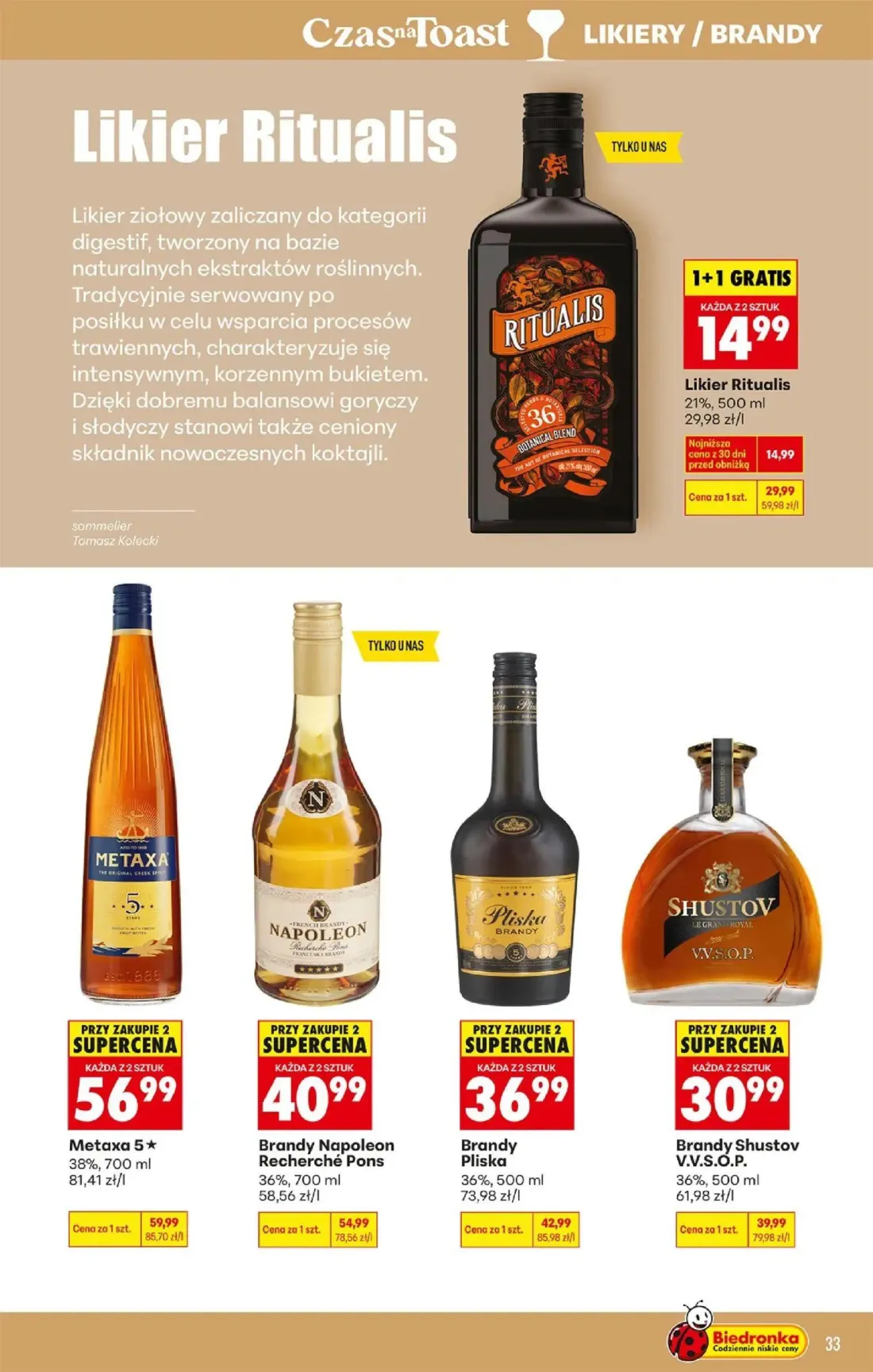 Biedronka gazetka, strona 33 z 36 — Likier Ritualis, Brandy Napoleon Recherché Pons, Brandy Shustov V.V.S.O.P.