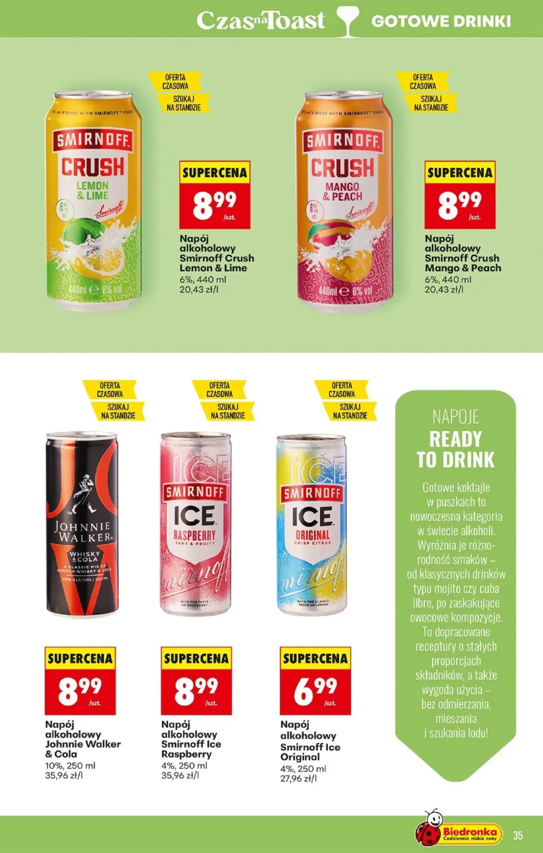 Biedronka gazetka, strona 35 z 36 — Smirnoff Crush Lemon & Lime, Smirnoff Crush Mango & Peach, Johnnie Walker & Cola