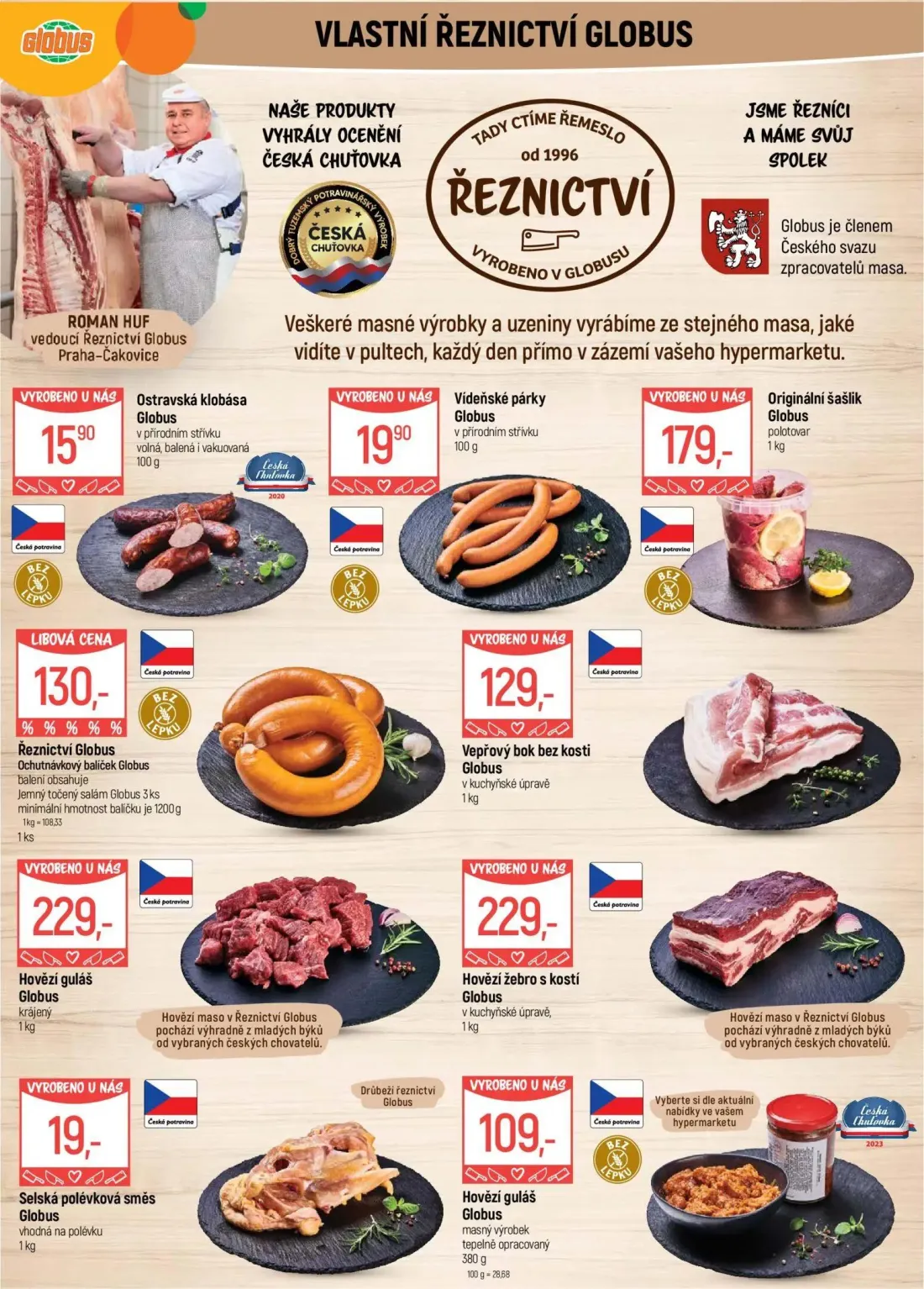 GLOBUS leták, strana 5 z 49 — Ostravská klobása Globus, Vídeňské párky Globus, Originální šašlik Globus