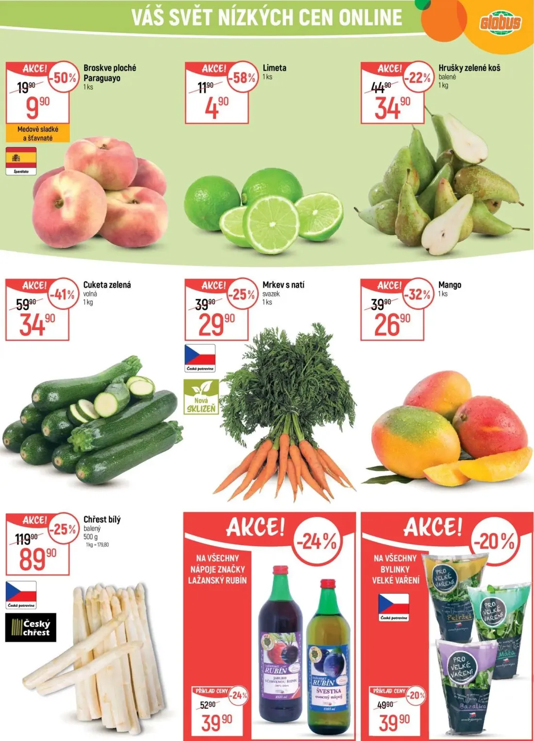 GLOBUS leták, strana 10 z 49 — Chřest bílý, Cuketa zelená, Mango