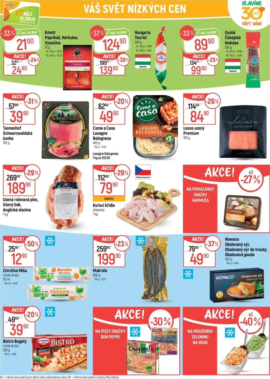 GLOBUS leták, strana 30 z 49 — Uzená rolovaná plec, Uzený bok, Anglická slanina, Hungaria Tourist, Gyulai Čabajská klobása