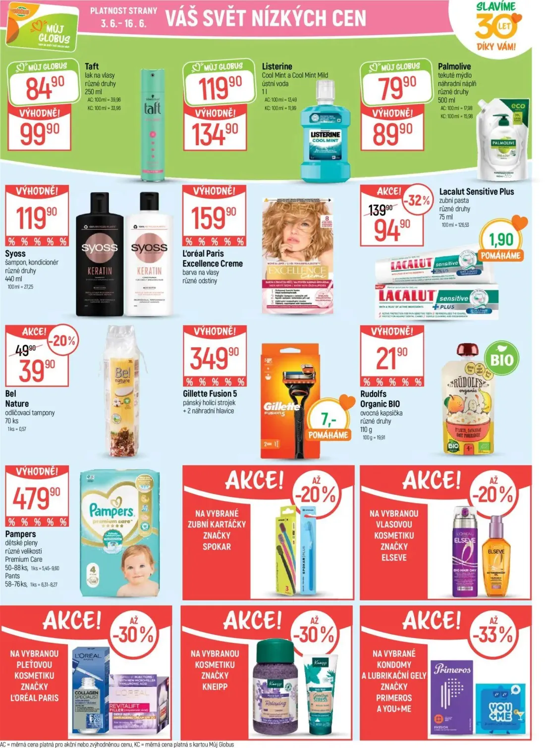 GLOBUS leták, strana 34 z 49 — Lacalut Sensitive Plus zubní pasta, Taft lak na vlasy, Listerine Cool Mint a Cool Mint Mild ú…