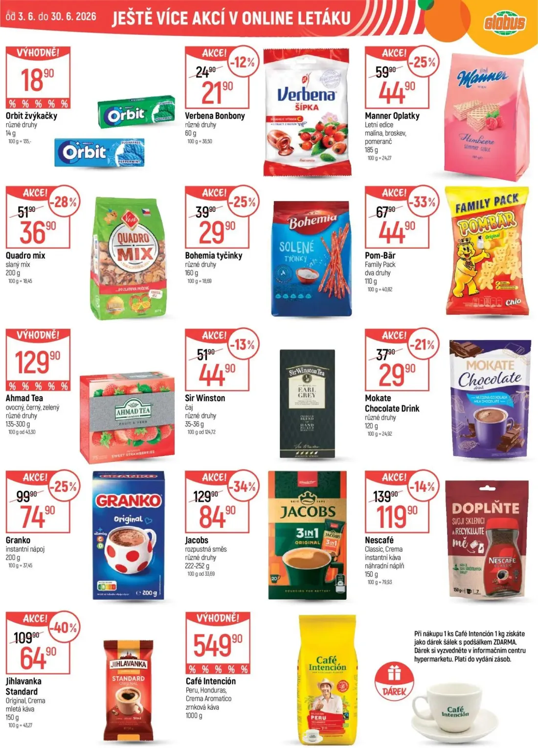 GLOBUS leták, strana 45 z 49 — Jacobs rozpustná směs, Jihlavanka Standard Original, Crema mletá káva, Granko instantní nápoj