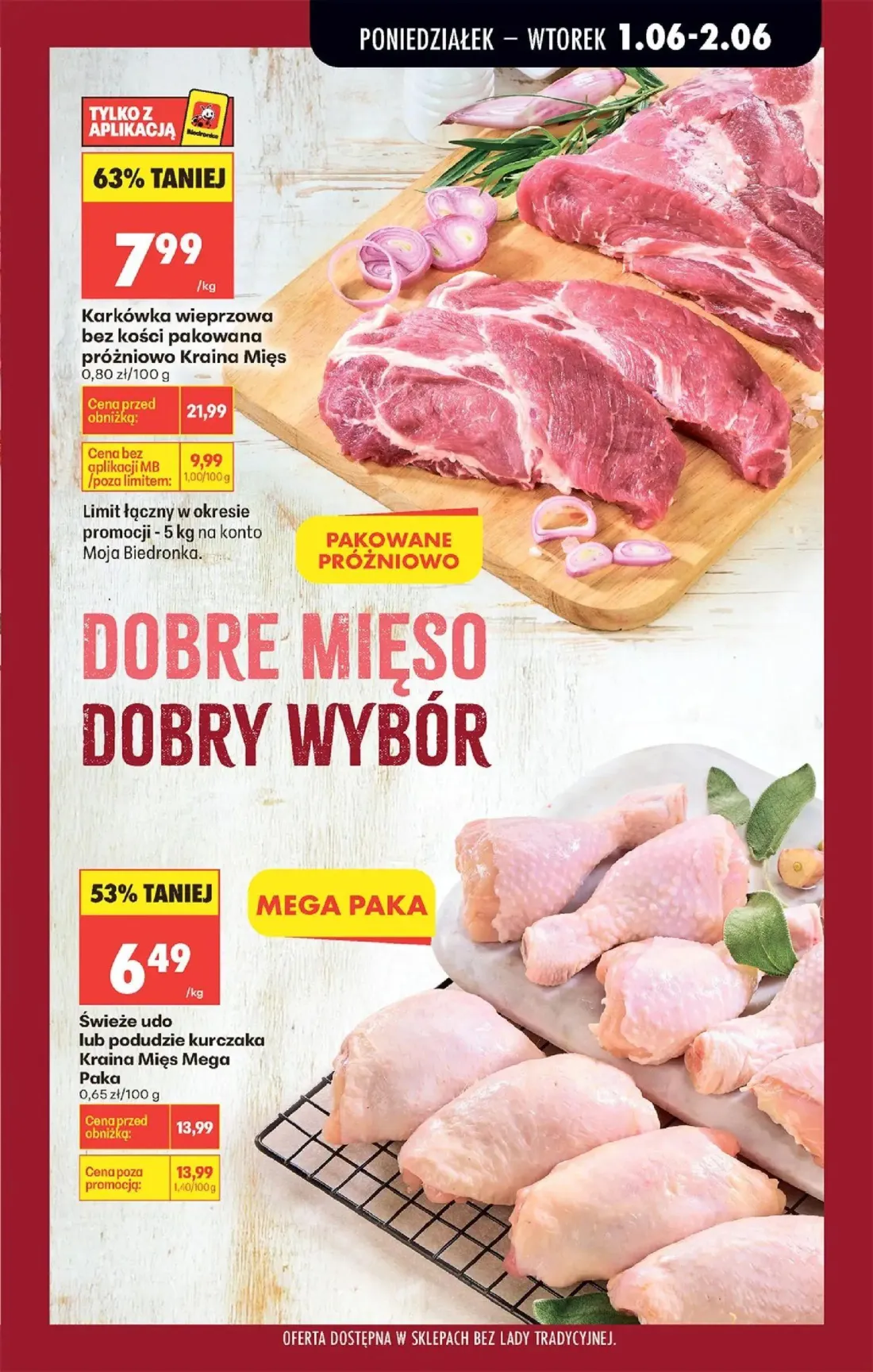 Biedronka gazetka, strona 31 z 95 — Karkówka wieprzowa bez kości pakowana próżniowo Kraina Mięs, Świeże udo lub podudzie kur…