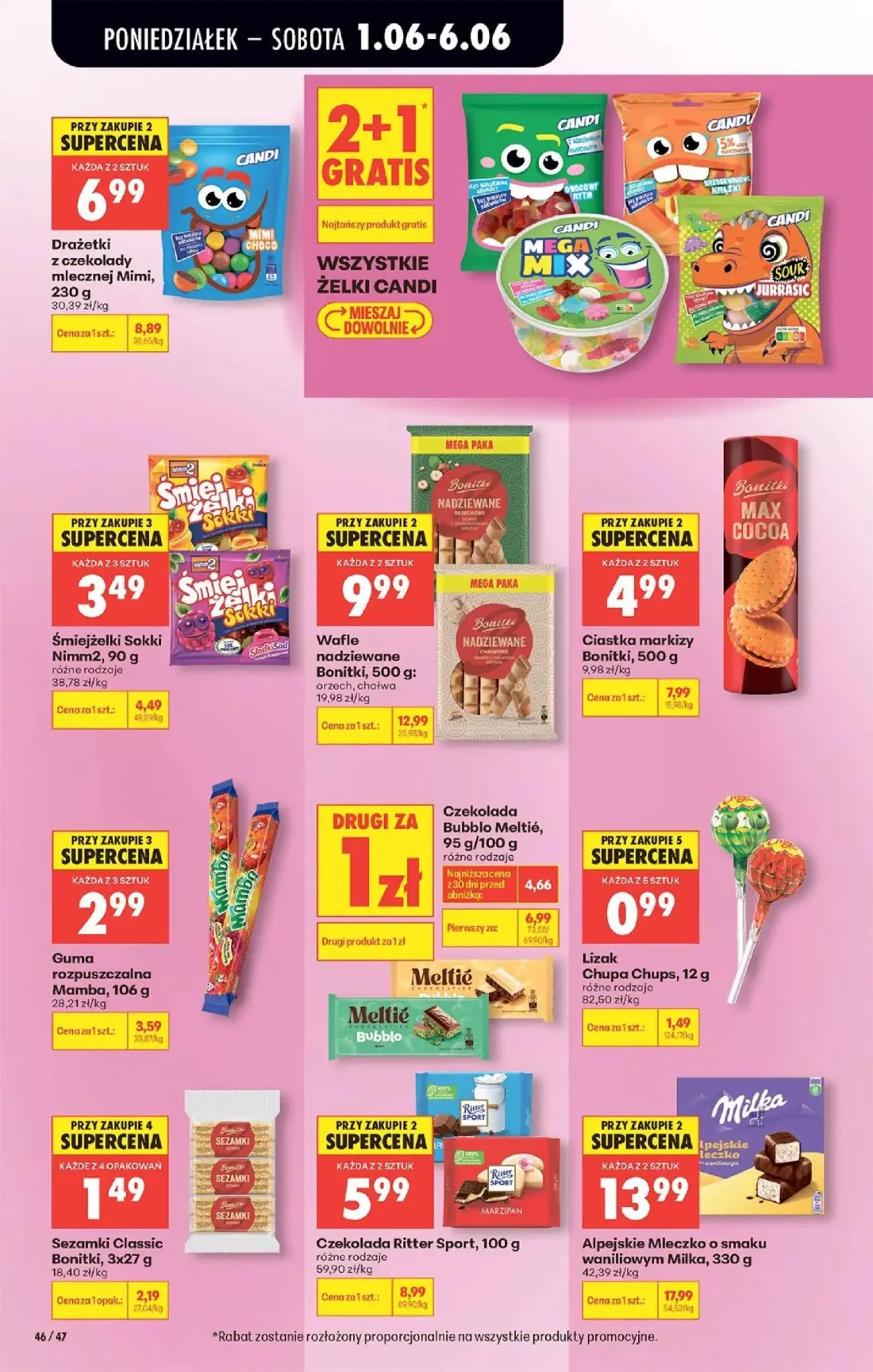 Biedronka gazetka, strona 66 z 95 — Drażetki z czekolady mlecznej Mimi, 230 g, Śmiejżelki Sokki Nimm2, 90 g, Wafle nadziewan…