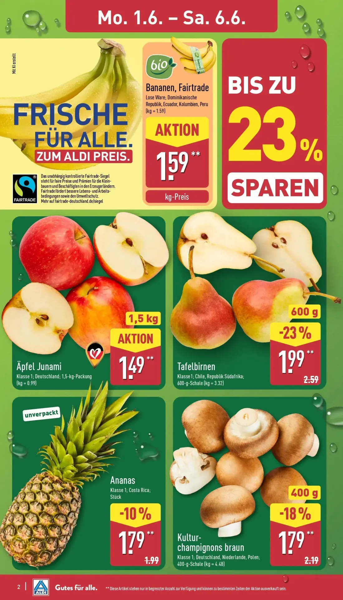 Aldi Nord Prospekt, Seite 2 von 38 — Tafelbirnen, Kultur-champignons braun, Ananas