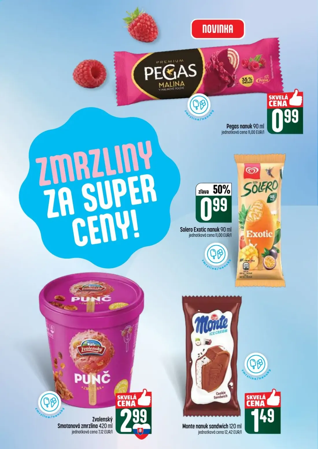 Coop Tempo leták, strana 21 z 60 — Pegas nanuk, Solero Exotic nanuk, Zvolenský Smotanová zmrzlina PUNČ