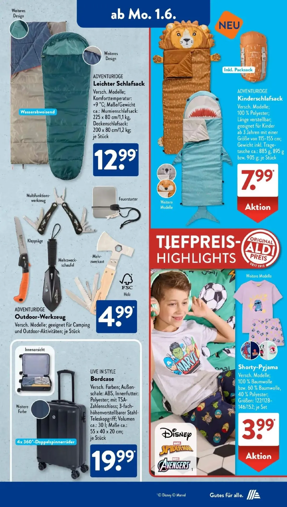 Aldi Süd Prospekt, Seite 12 von 32 — Leichter Schlafsack, Kinderschlafsack, Outdoor-Werkzeug