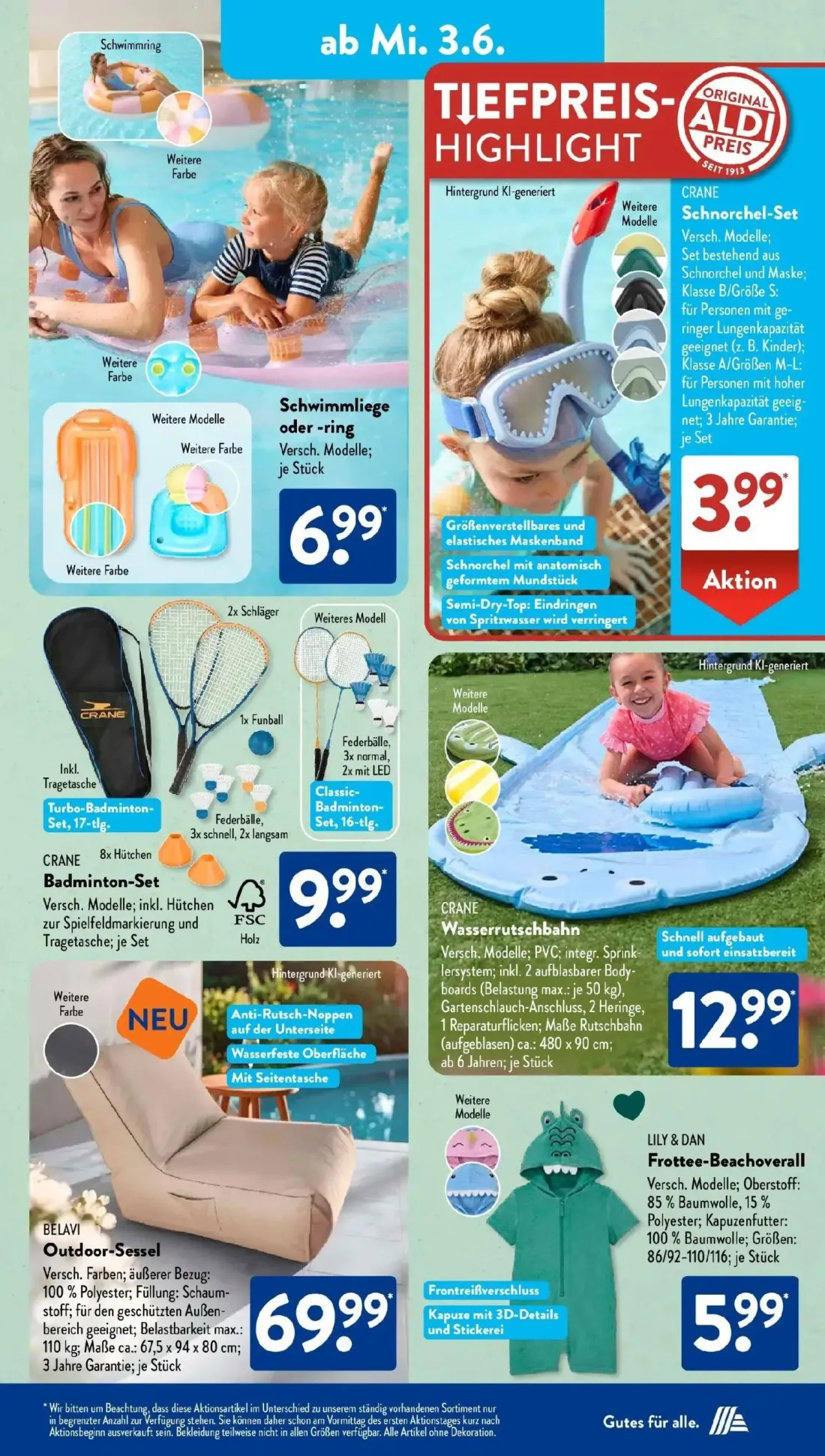 Aldi Süd Prospekt, Seite 14 von 32 — Schwimmliege oder -ring, CRANE Schnorchel-Set, CRANE Badminton-Set