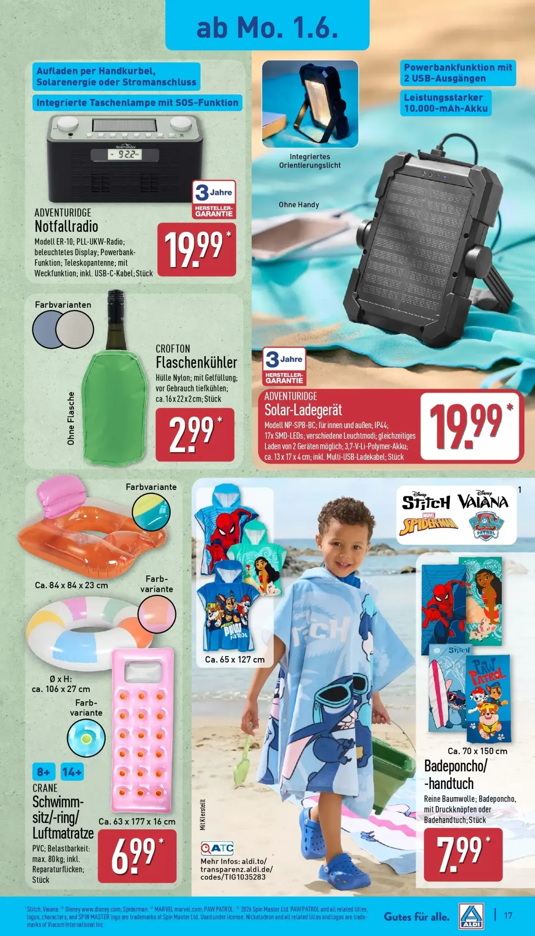 Aldi Nord Prospekt, Seite 19 von 39 — ADVENTURIDGE Notfallradio, CROFTON Flaschenkühler, ADVENTURIDGE Solar-Ladegerät