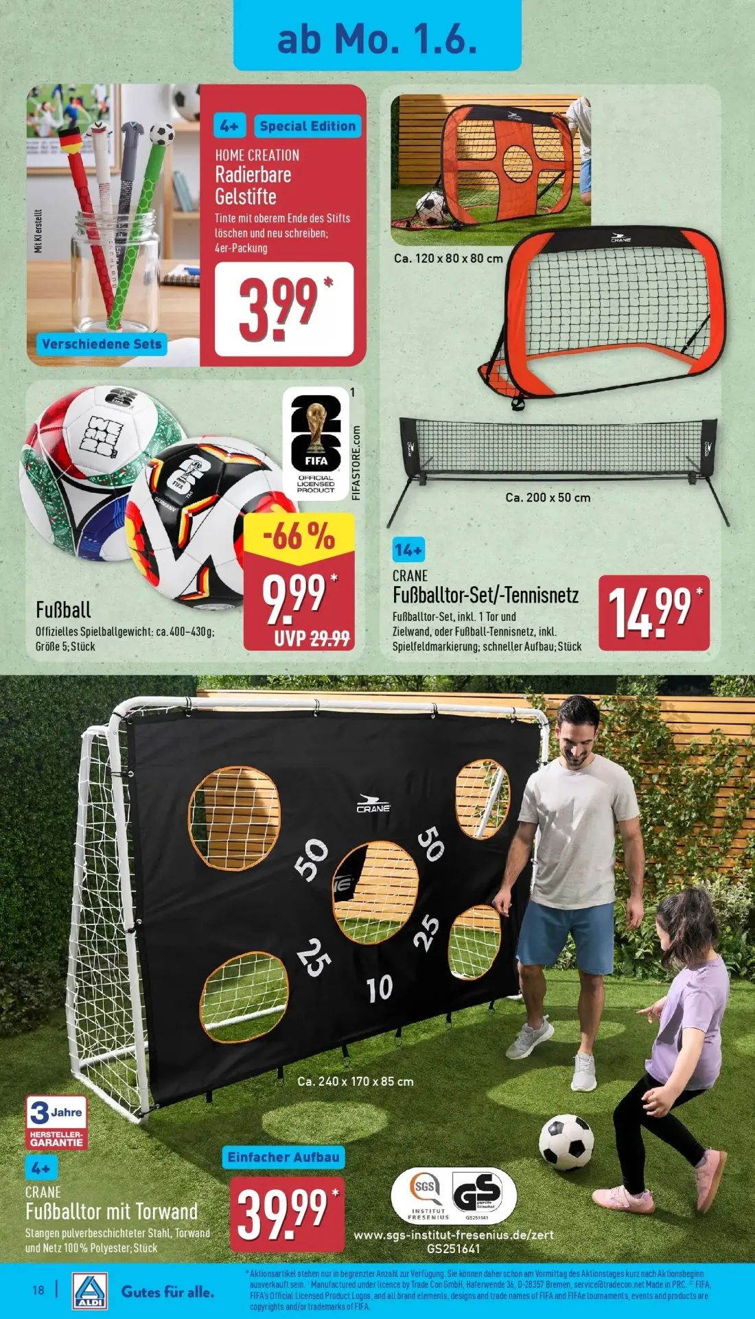 Aldi Nord Prospekt, Seite 20 von 39 — Fußball, CRANE Fußballtor-Set/-Tennisnetz, CRANE Fußballtor mit Torwand