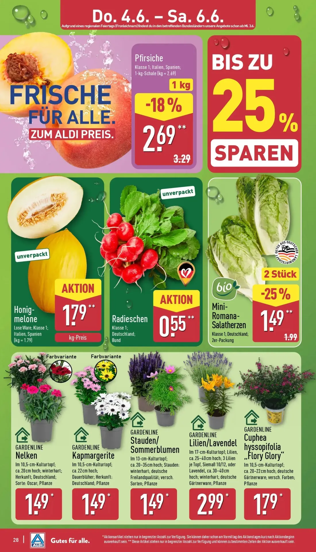 Aldi Nord Prospekt, Seite 30 von 39 — Pfirsiche, Mini-Romana-Salatherzen, Honigmelone