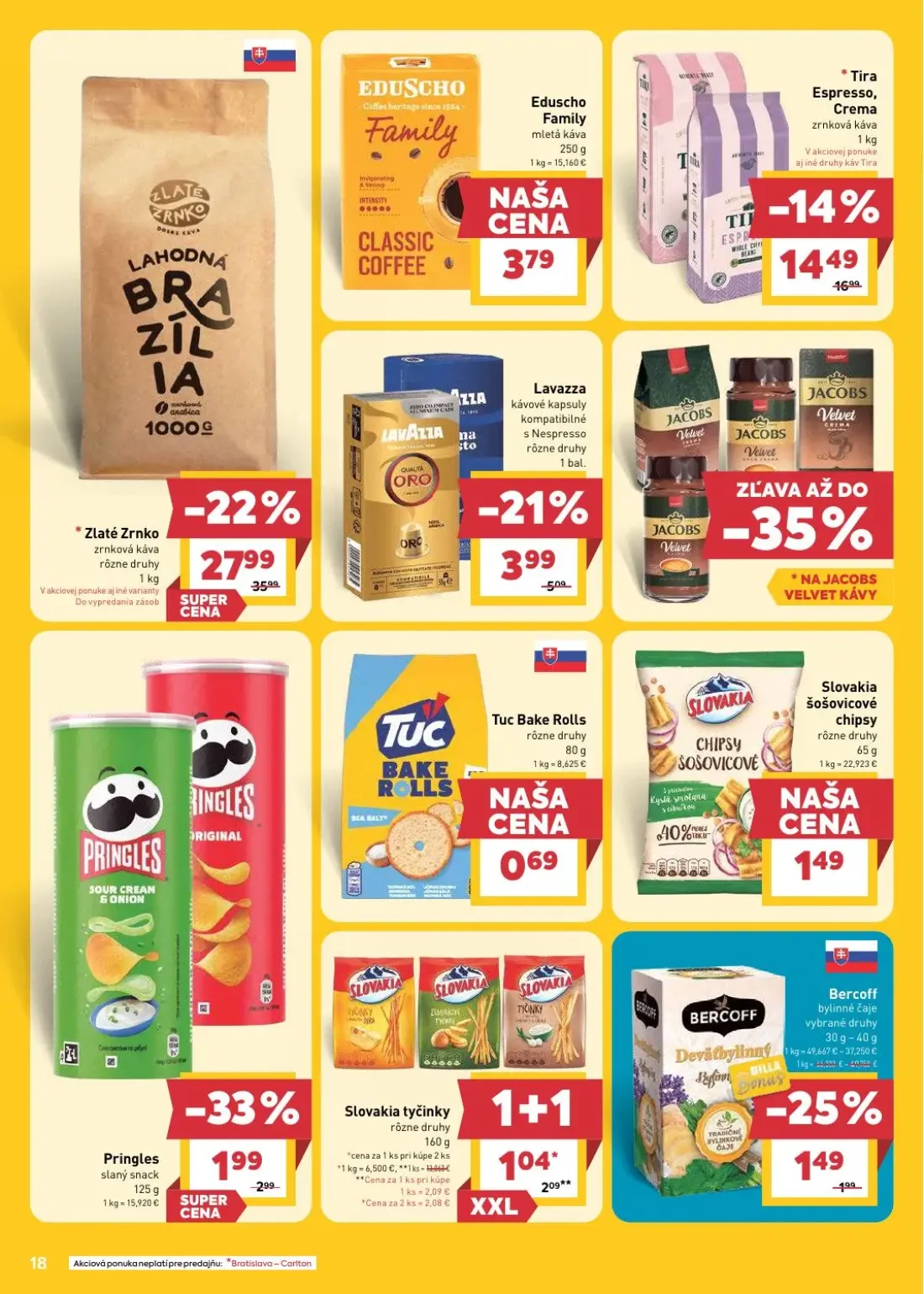 Billa leták, strana 18 z 29 — Zlaté Zrnko zrnková káva, Tira Espresso, Crema zrnková káva, Lavazza kávové kapsuly