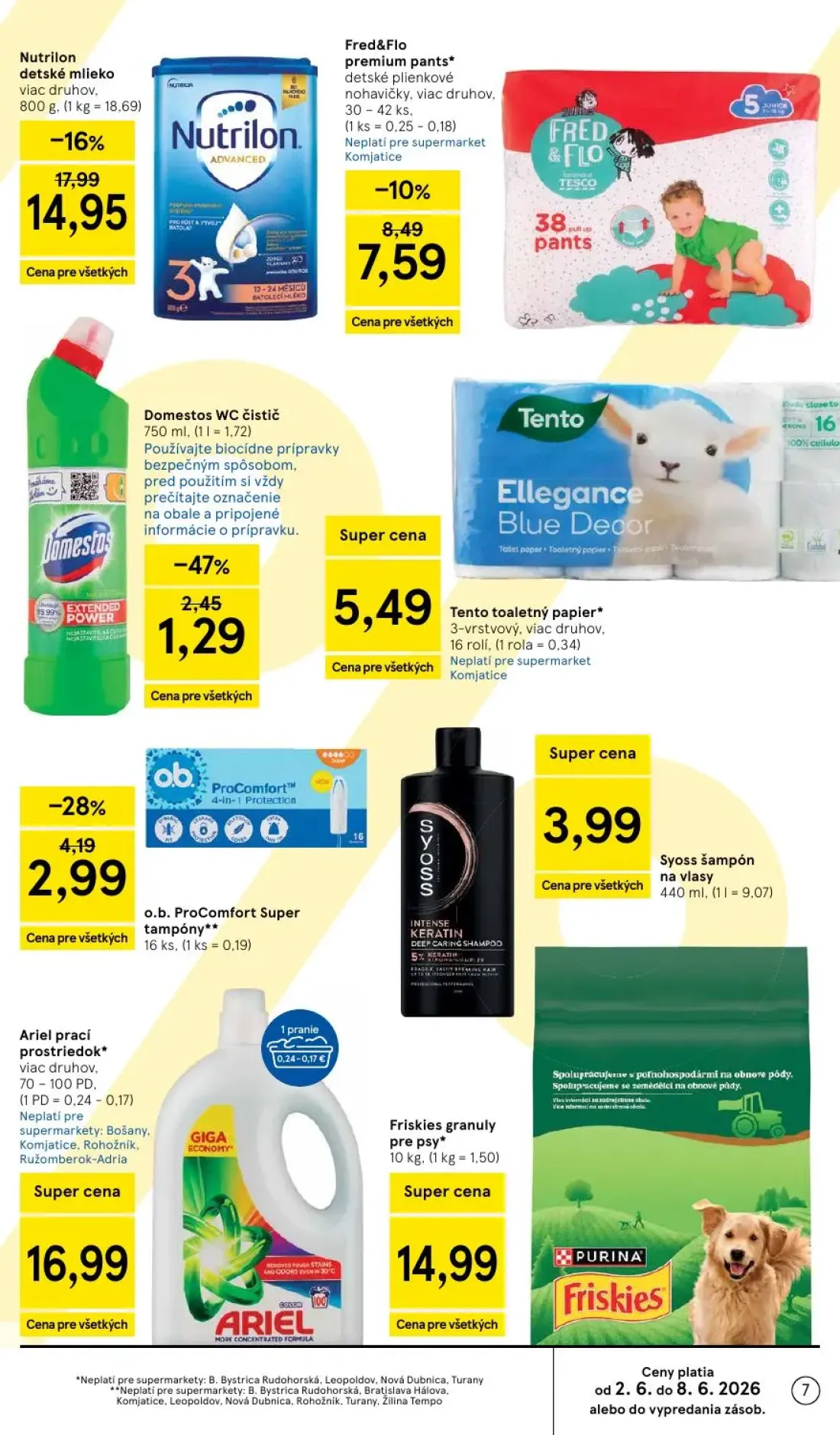 Tesco Supermarket leták, strana 7 z 35 — Domestos WC čistič, Tento toaletný papier, Ariel prací prostriedok