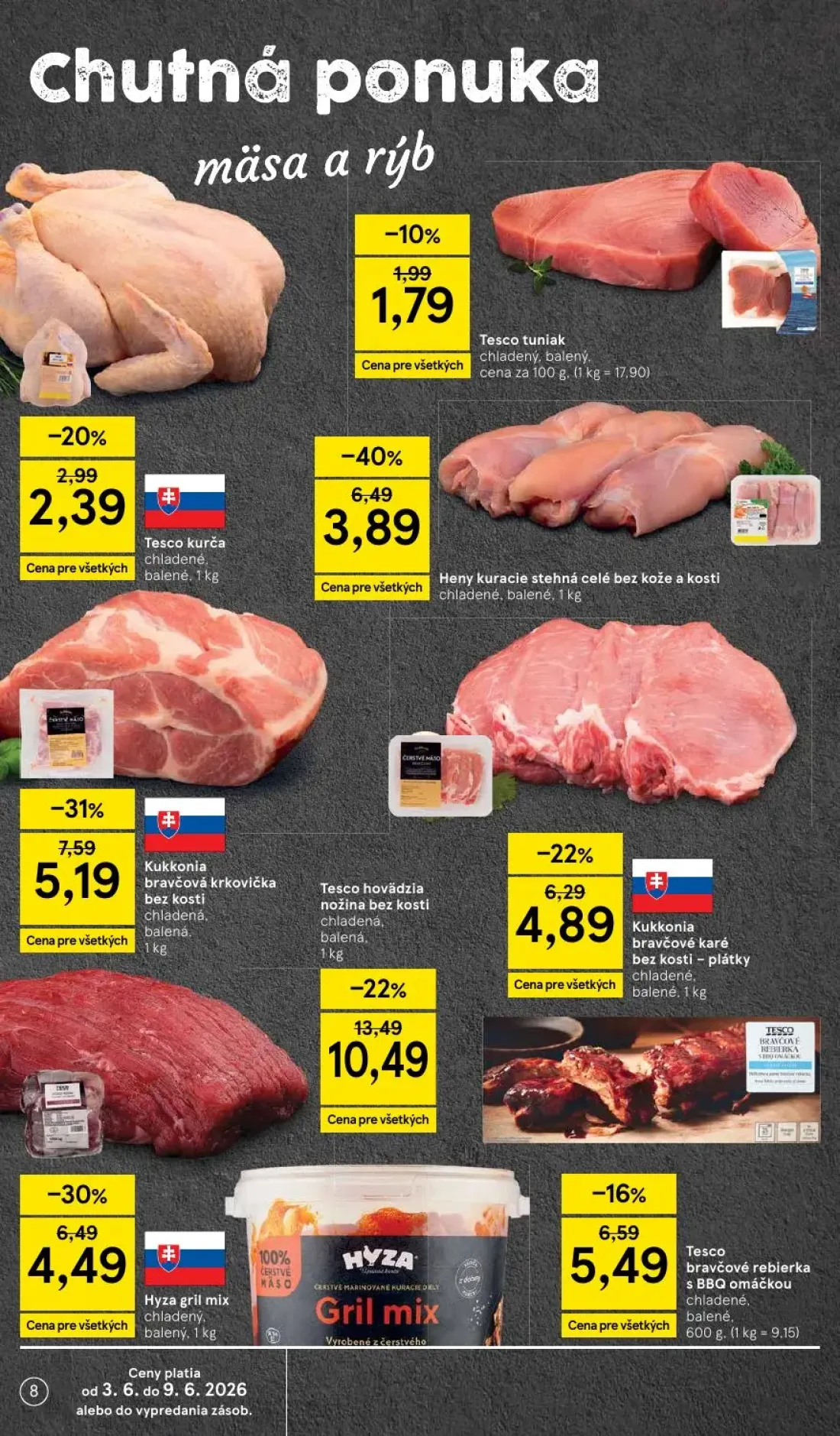 Tesco Supermarket leták, strana 8 z 35 — Tesco hovädzia nožina bez kosti, Heny kuracie stehná celé bez kože a kosti, Kukkoni…