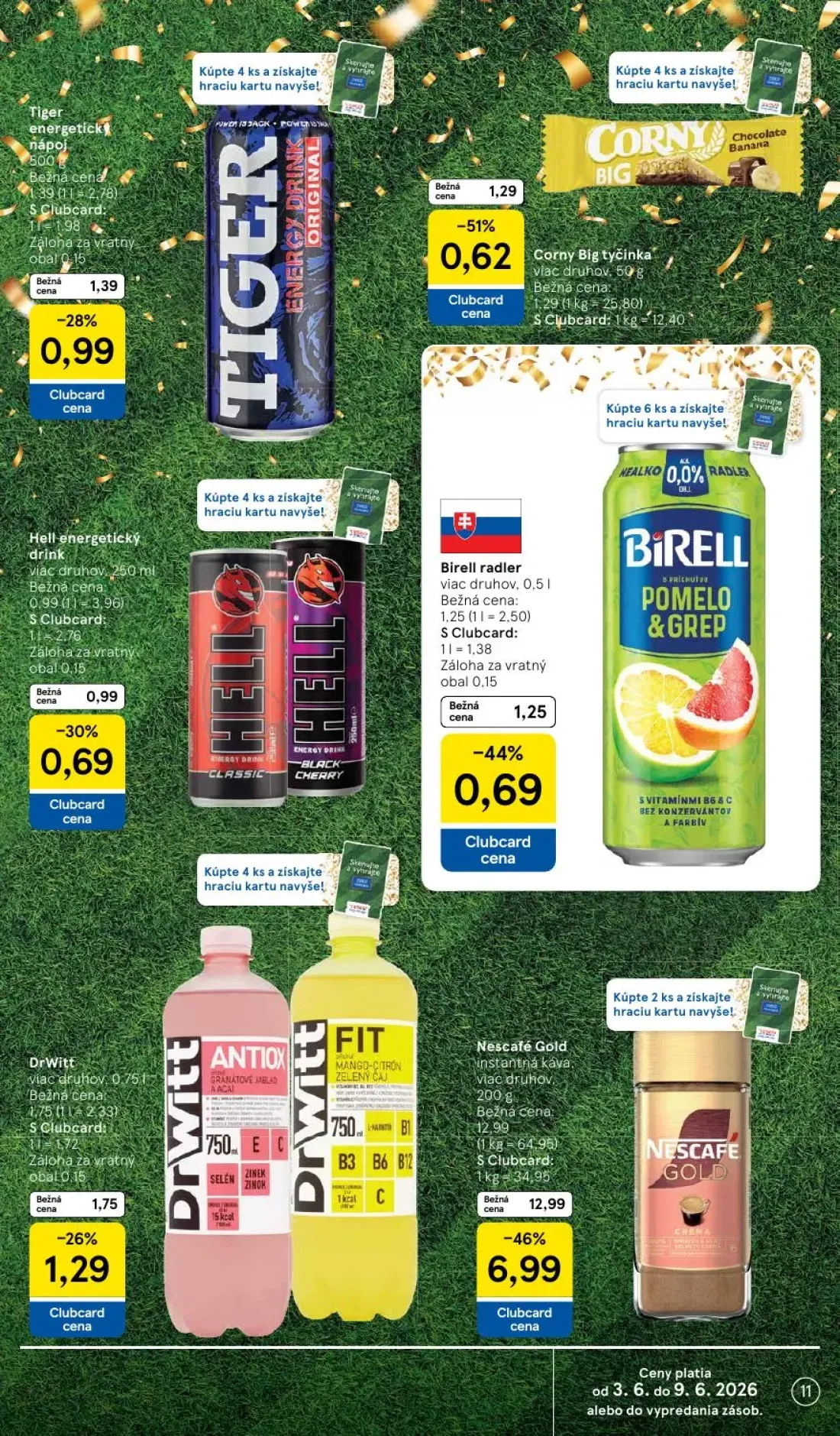 Tesco Supermarket leták, strana 11 z 35 — Corny Big tyčinka, Birell radler, DrWitt