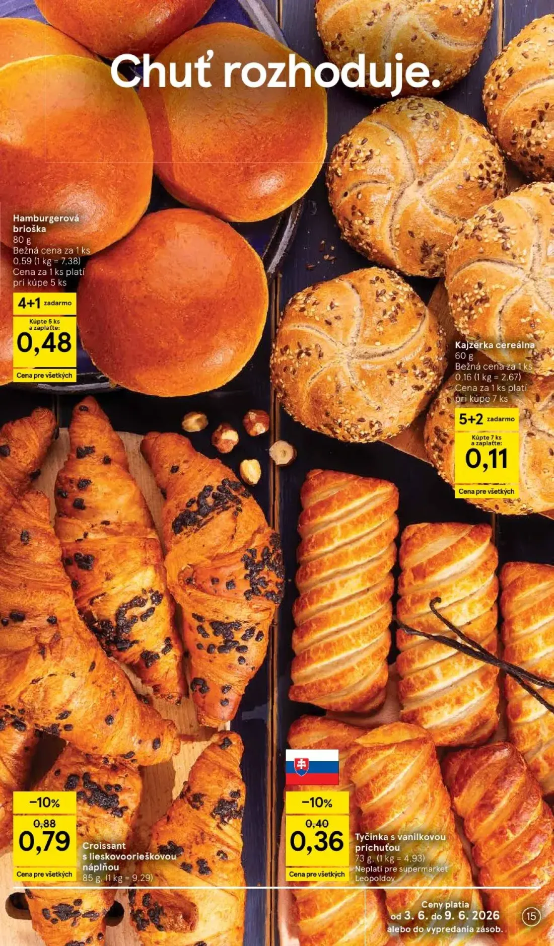 Tesco Supermarket leták, strana 15 z 35 — Hamburgerová brioška, Croissant s lieskovoorieškovou náplňou, Kajzerka cereálna